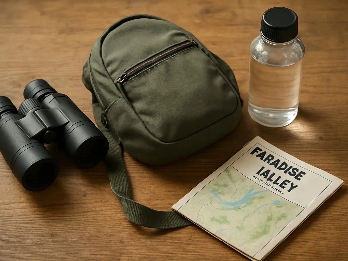 Binoculars, a small green pouch, a water bottle, and a map booklet rest on a wooden table