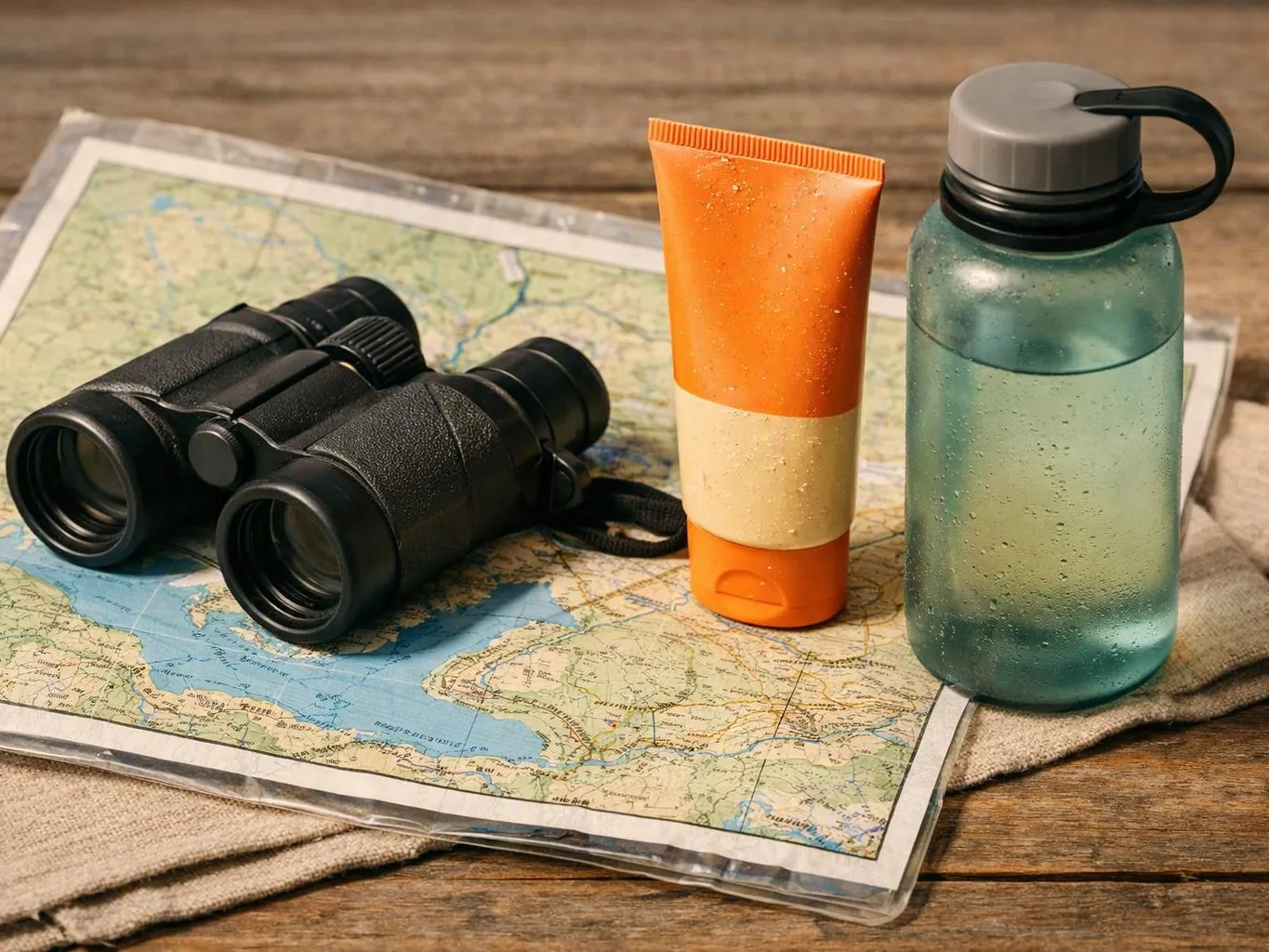 Binoculars, sunscreen and a water bottle rest on a paper map on a wooden table