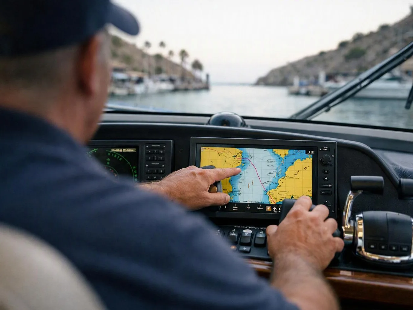 A boat pilot points at a navigation screen while steering through a calm harbor channel