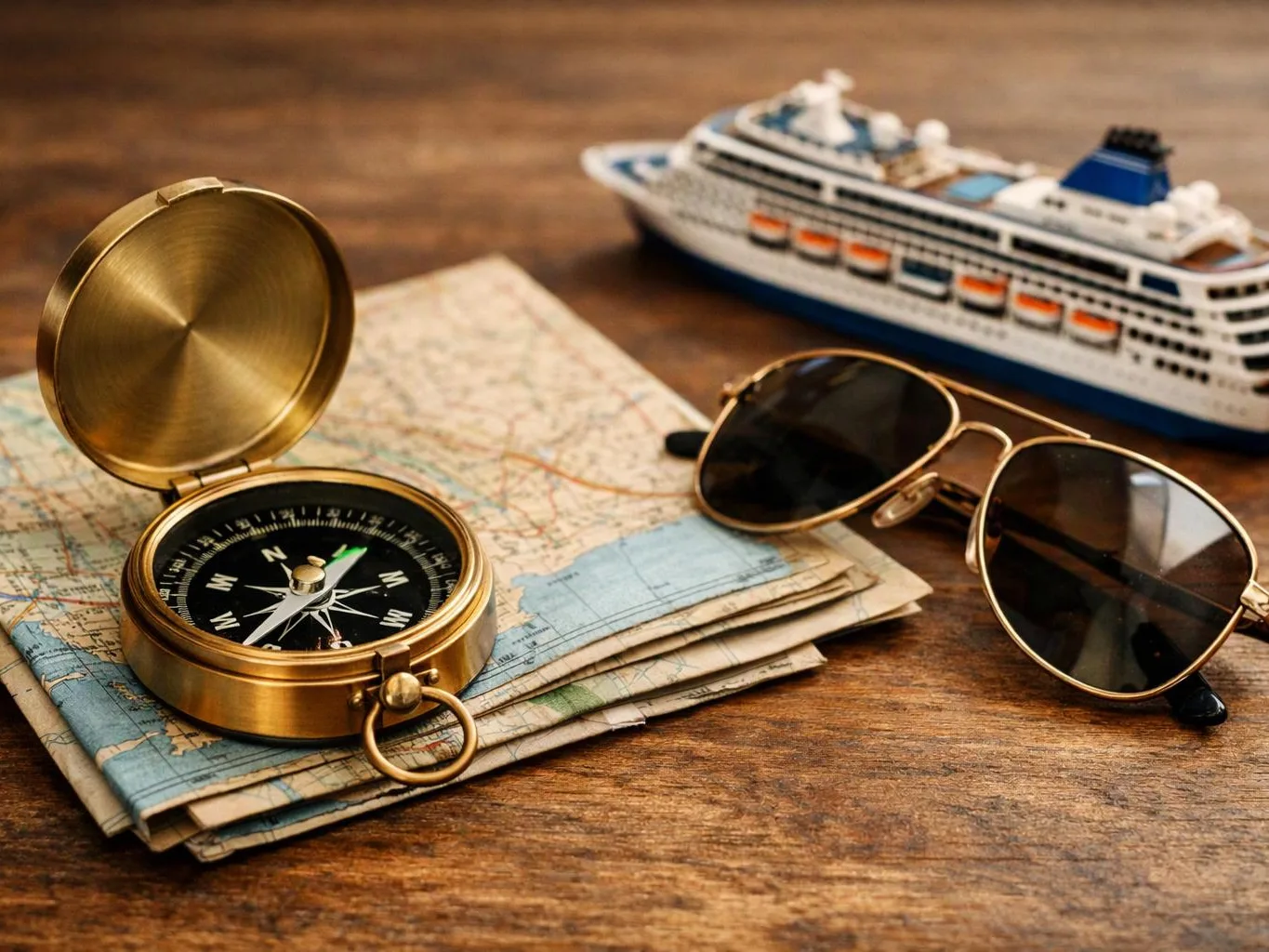 A brass compass sits on folded maps beside sunglasses, with a model cruise ship on a wooden table