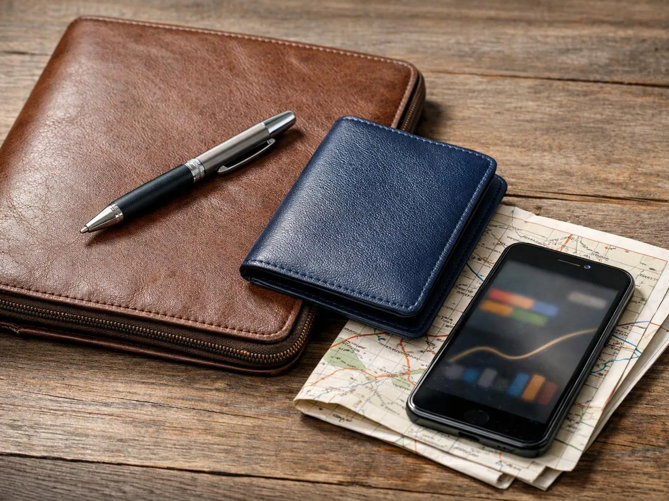 A brown leather planner, pen, blue wallet, folded map, and smartphone rest on a wooden table