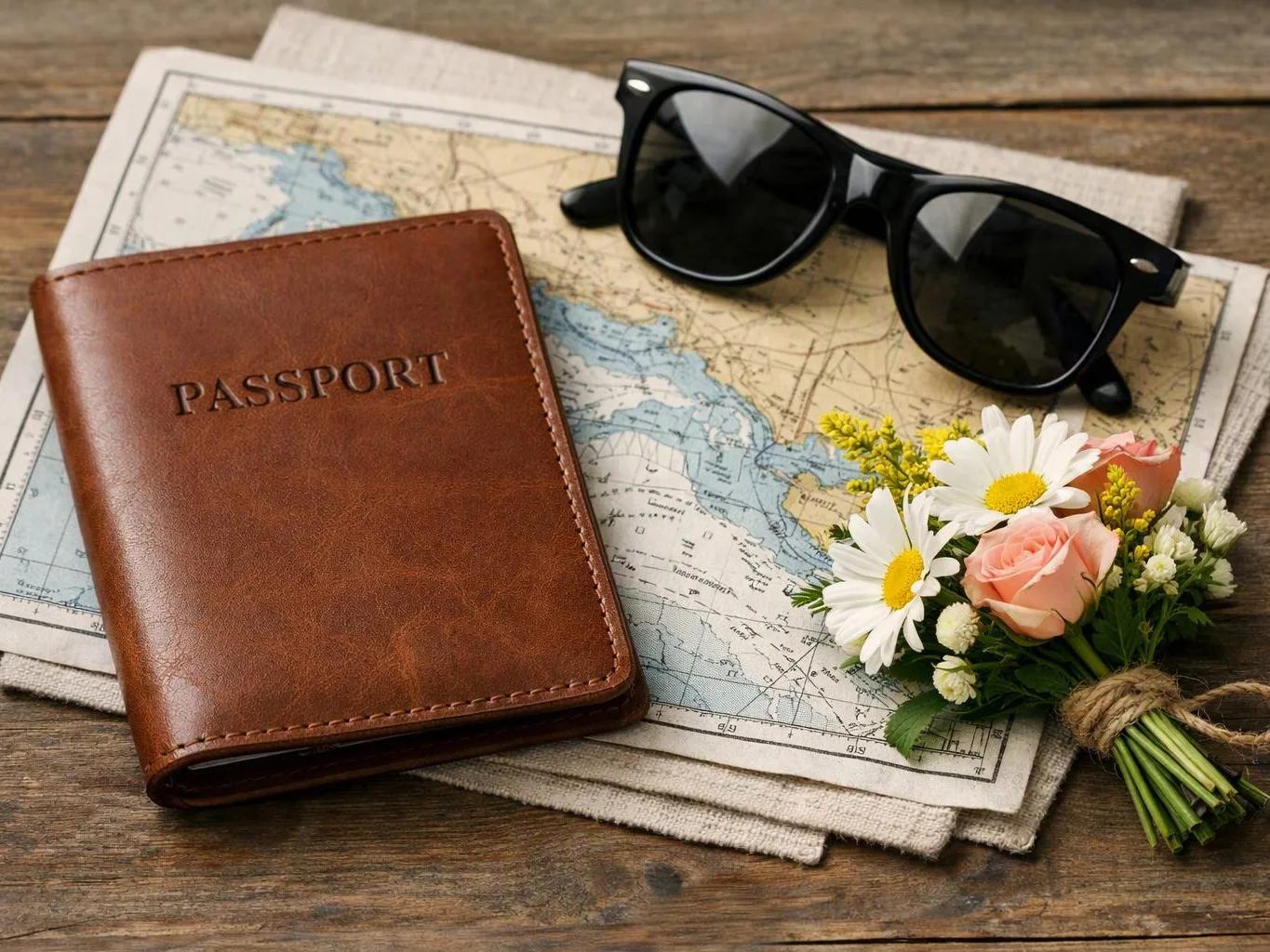 A brown passport, black sunglasses, and a small flower bouquet rest on a folded map on a wooden table