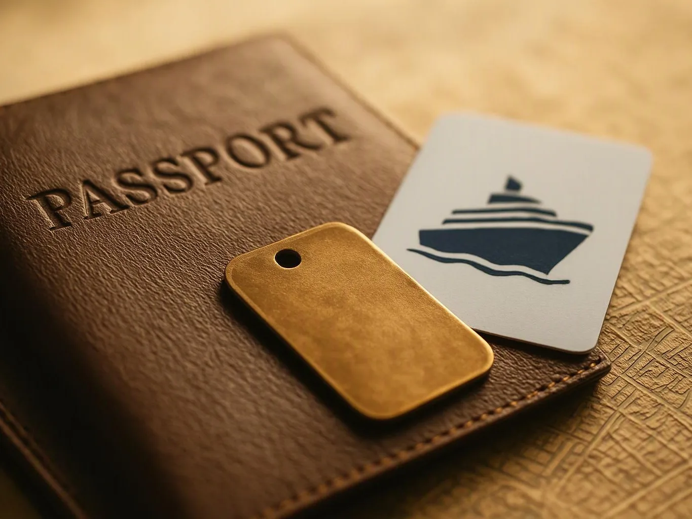 A brown passport lies beside a card with a ship icon and a small gold tag on a textured surface
