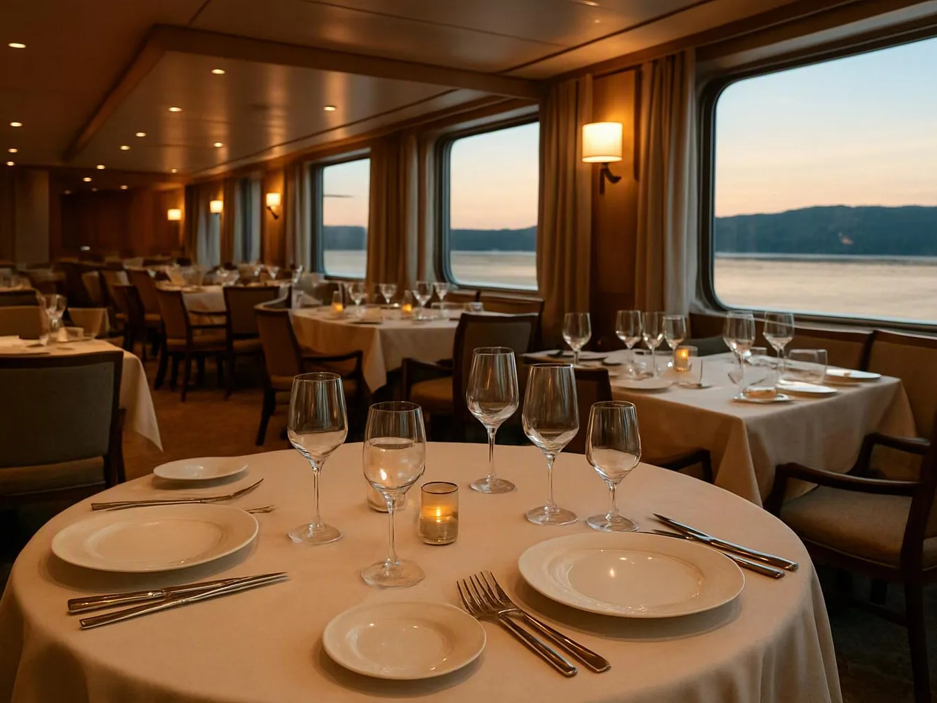 A candlelit dining room with set tables overlooks calm water through large windows at sunset