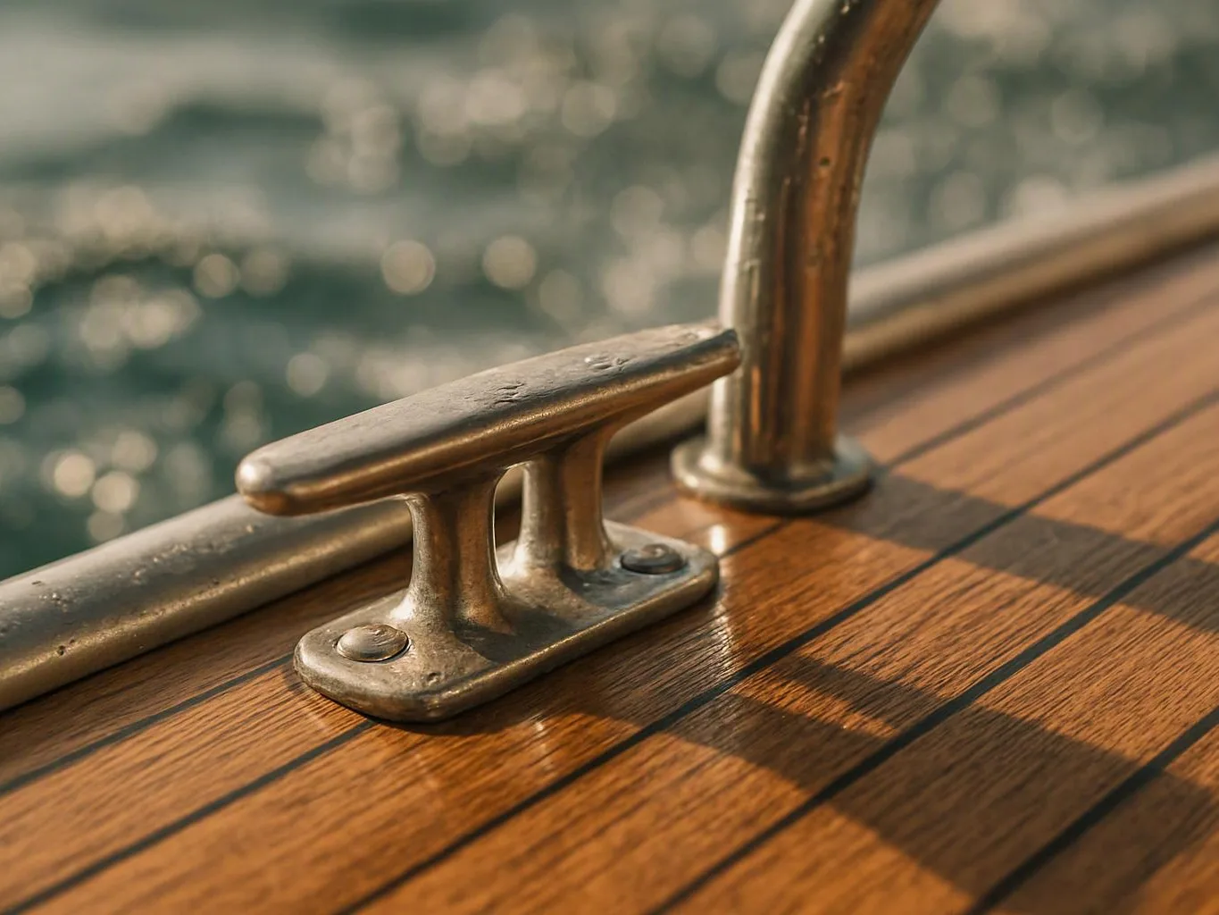 Close-up of a boat deck cleat and metal rail beside sunlit water