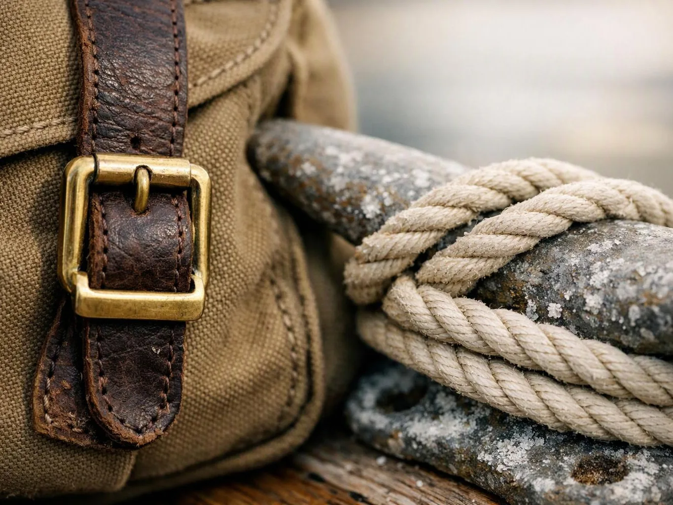 Close-up of a canvas bag with a brass buckle beside rope wrapped around rocks on wood