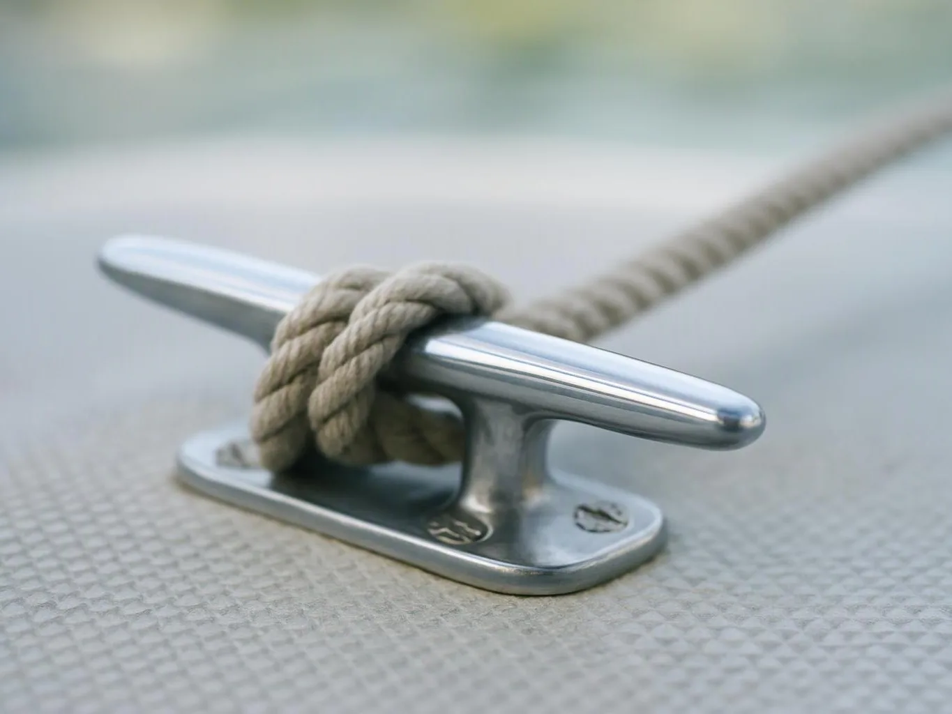 A close-up shows a rope tied around a shiny metal cleat on a boat deck