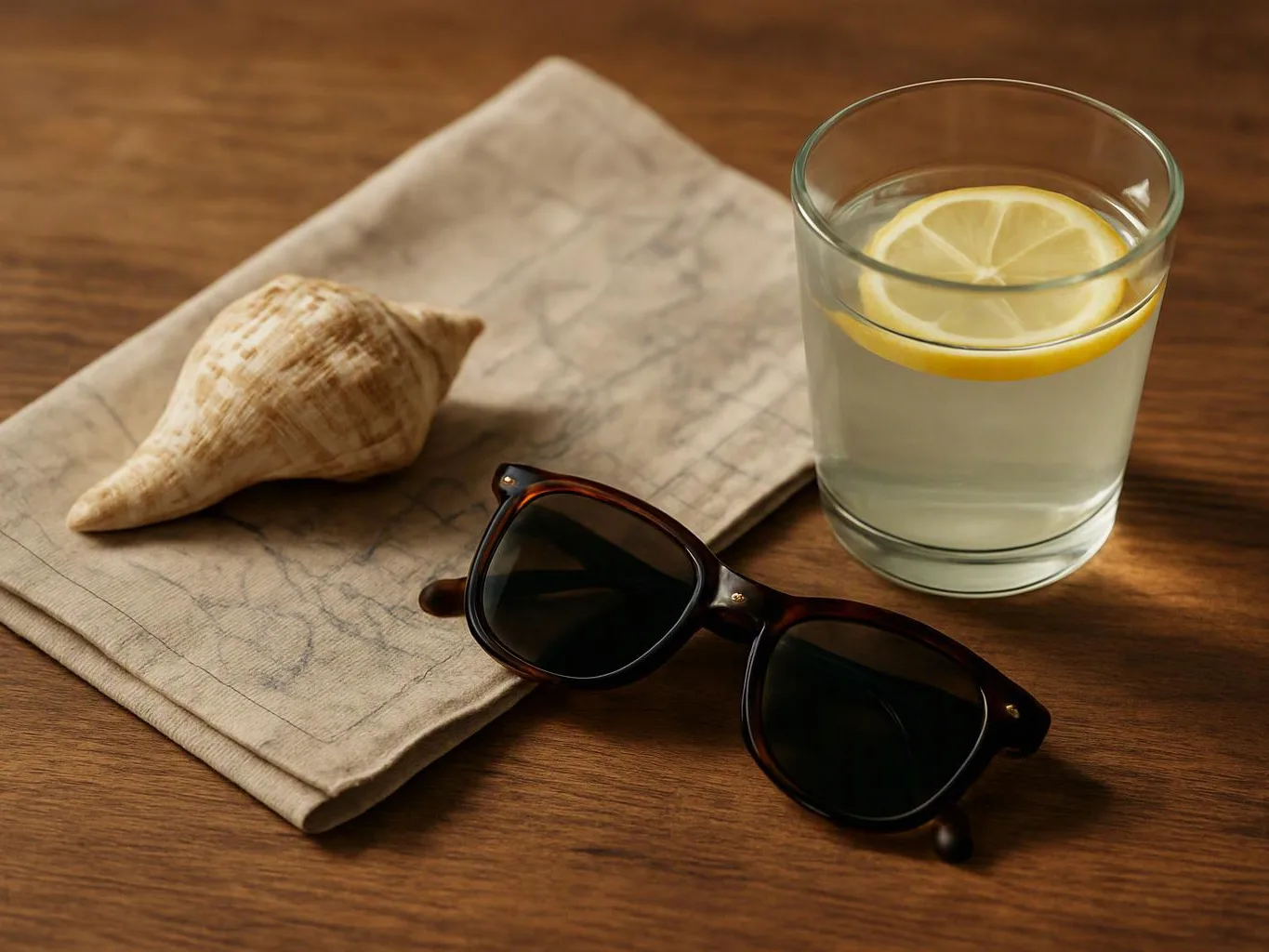 A conch shell, sunglasses, and a lemon drink sit on a folded cloth on a wooden table