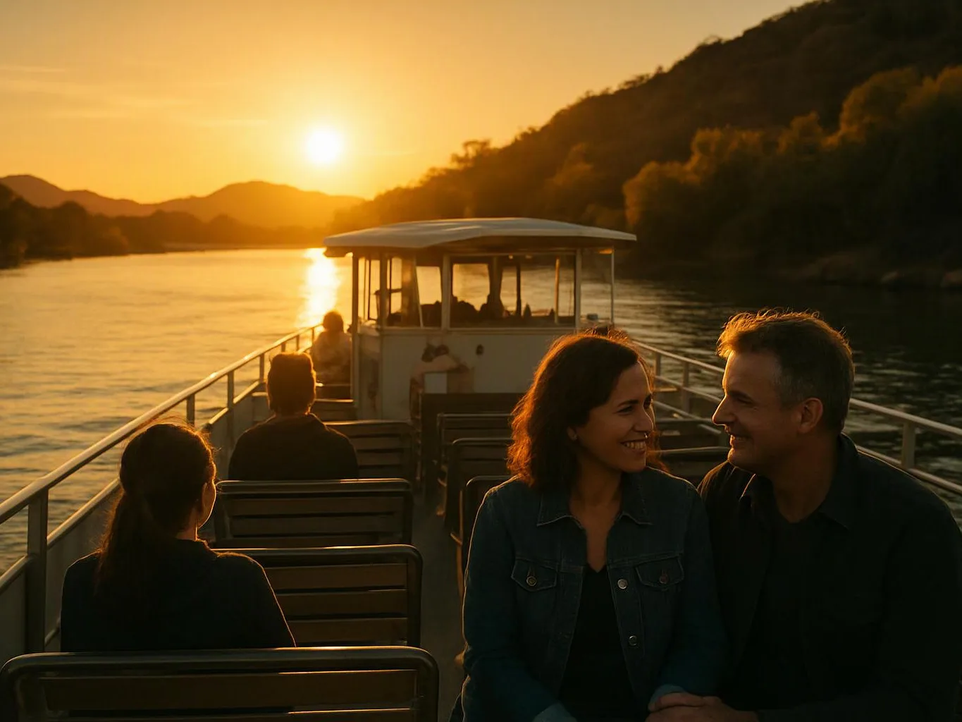 A couple smiles on a boat deck at sunset, with calm water and dark hills around them