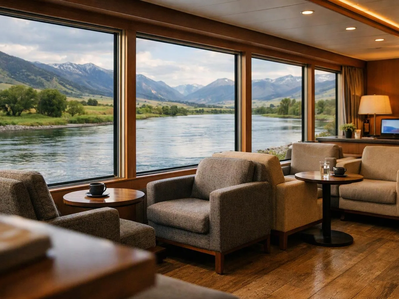 Cozy lounge chairs and small tables sit beside huge windows overlooking a river and mountains