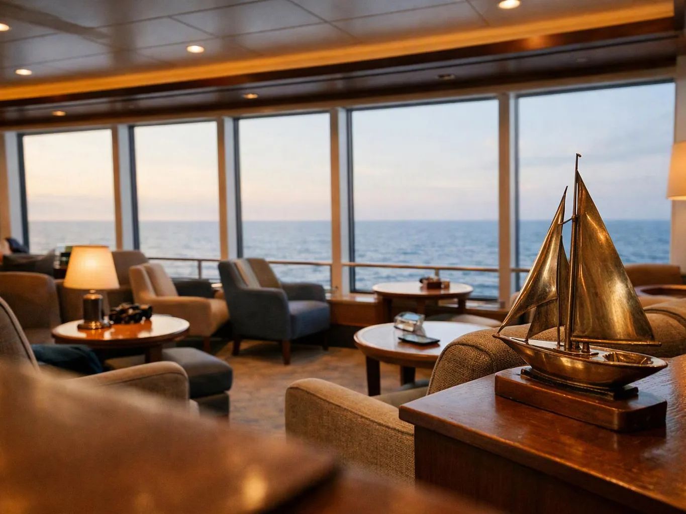 A cozy lounge with chairs, tables, lamps, and a brass sailboat overlooks the ocean through large windows