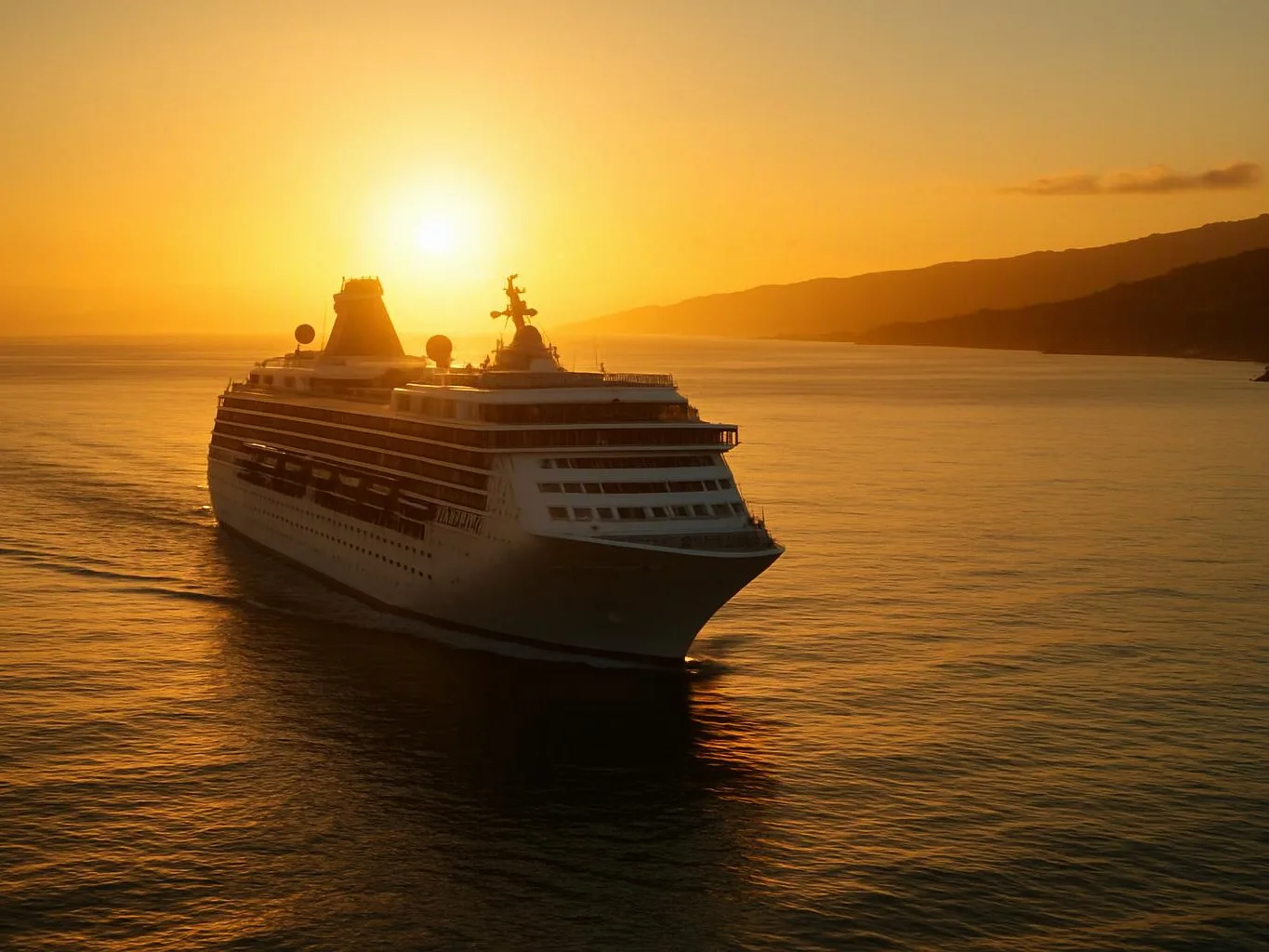 A cruise ship glides across calm water at sunset, with mountains silhouetted in the distance
