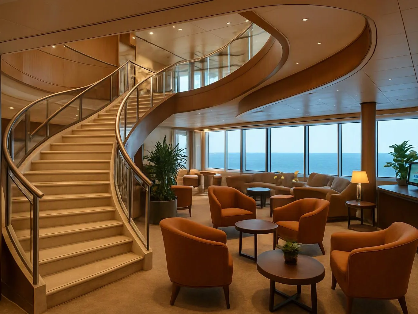 A curved staircase opens into a warm lounge with orange chairs, small tables, and ocean views through wide windows