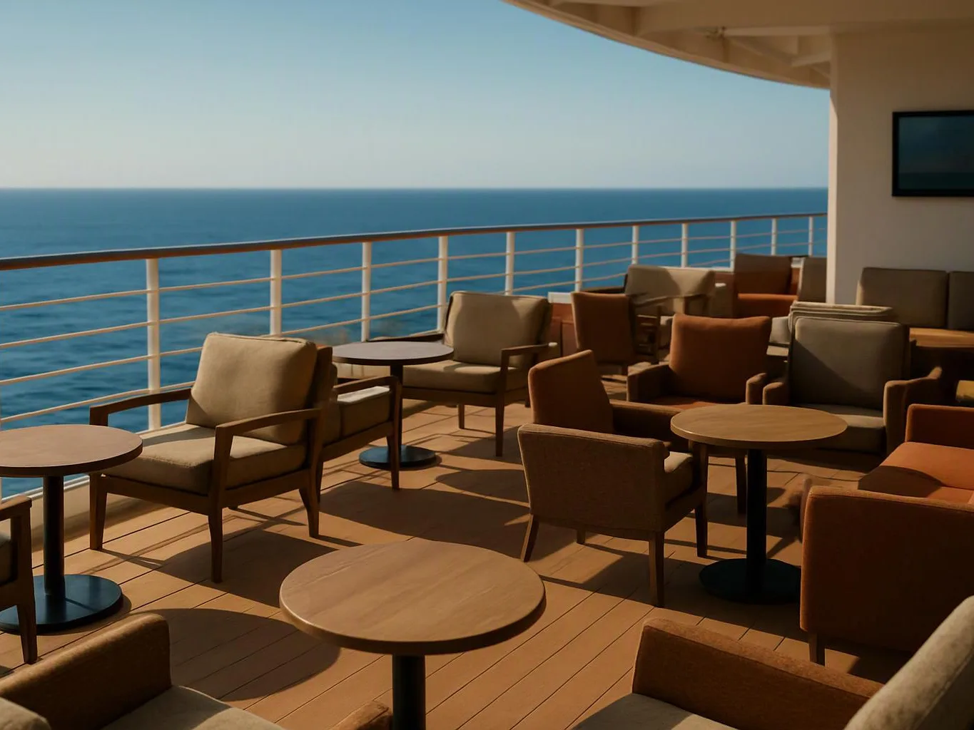Empty outdoor lounge chairs and tables face a calm blue ocean under a shaded deck