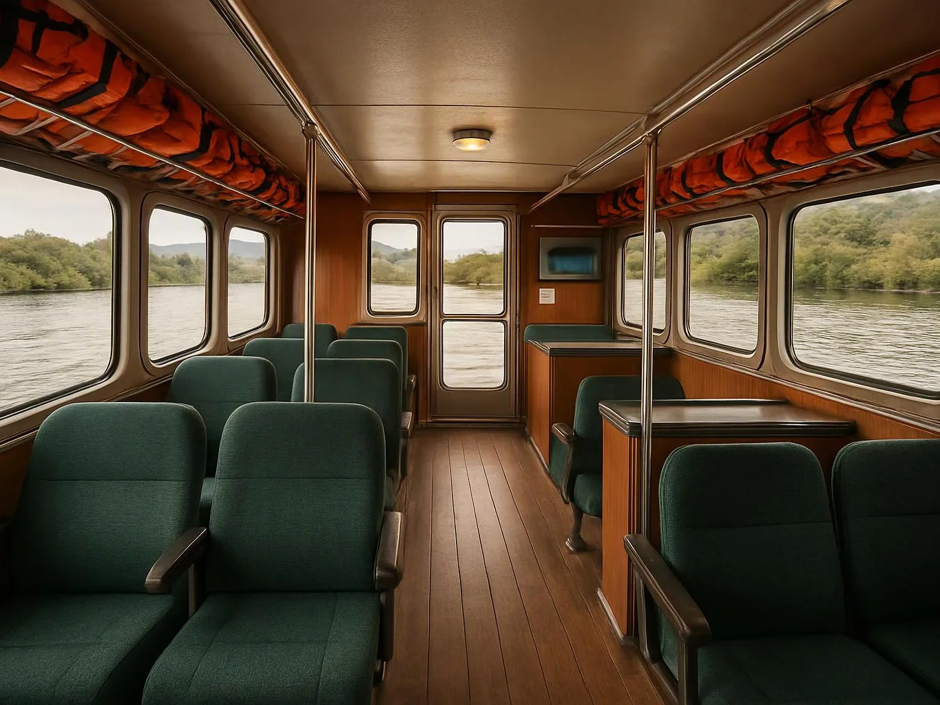 Empty passenger cabin with green seats, wood paneling, and large windows overlooking a river and trees