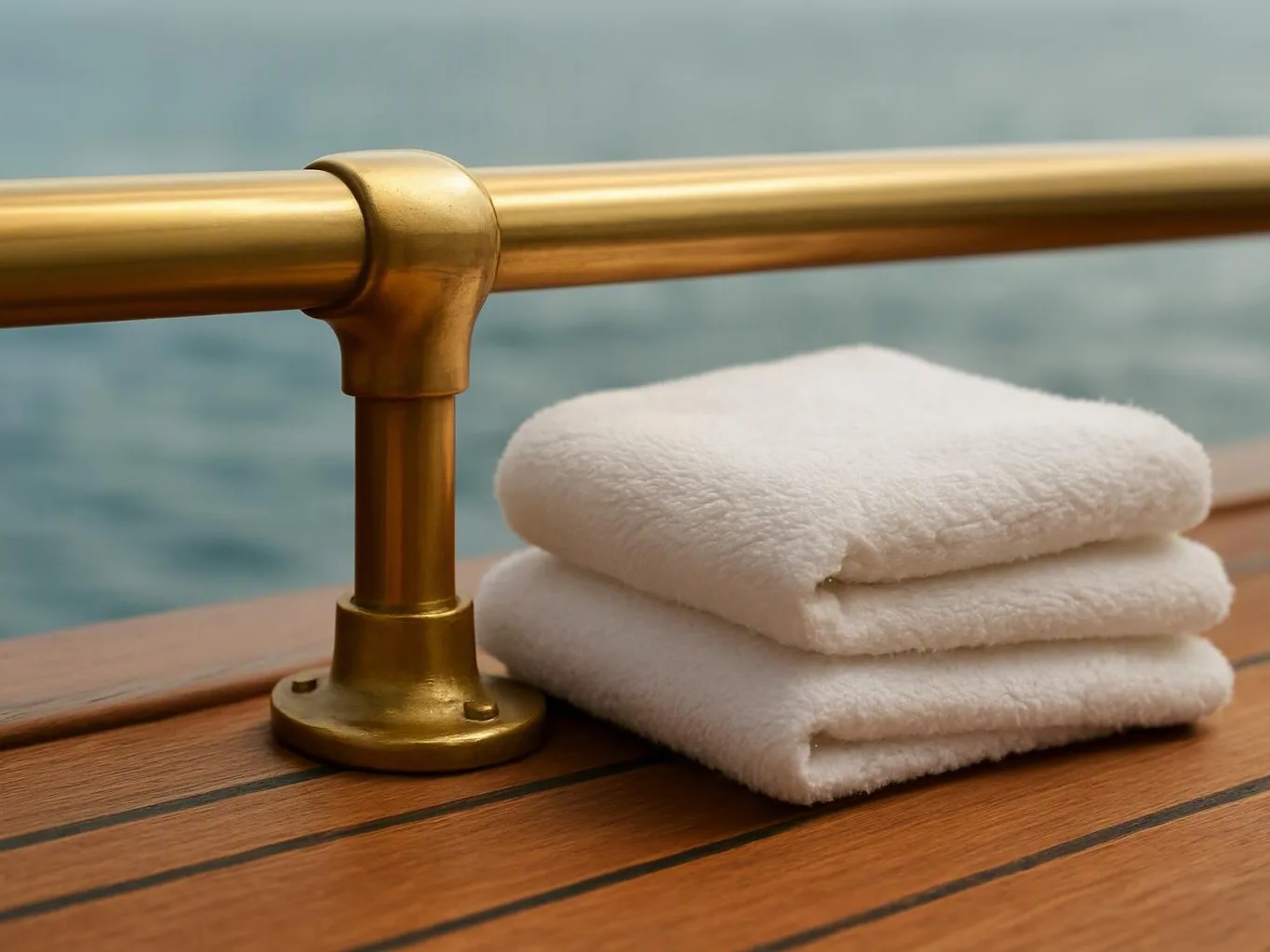 Folded white towels rest on a wooden deck beside a brass rail, with water in the background