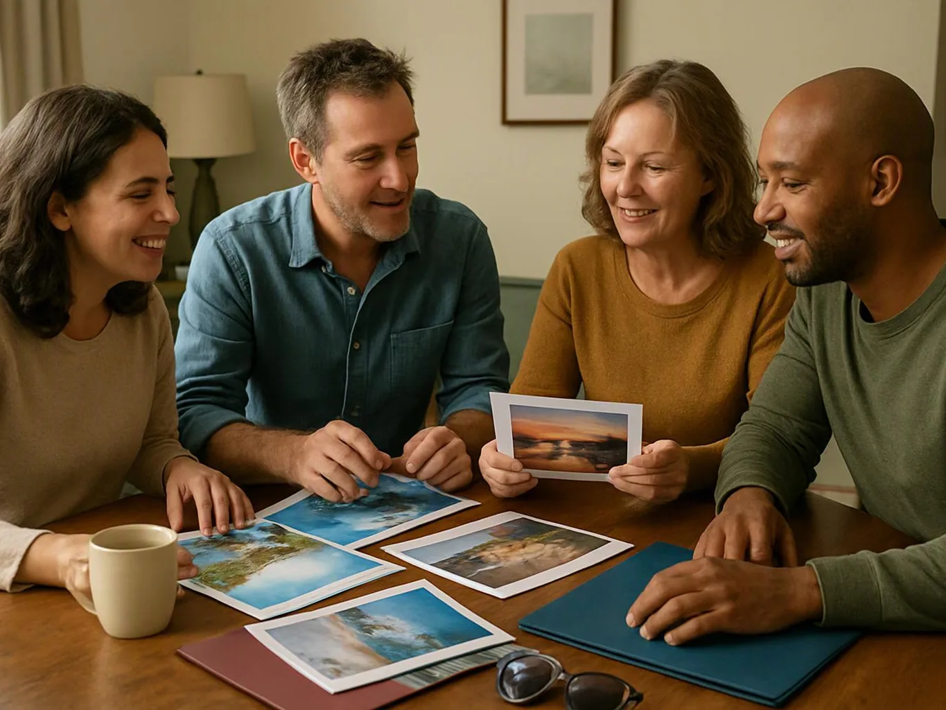 Four adults smile around a table, looking at printed photos and a blue folder in a cozy room