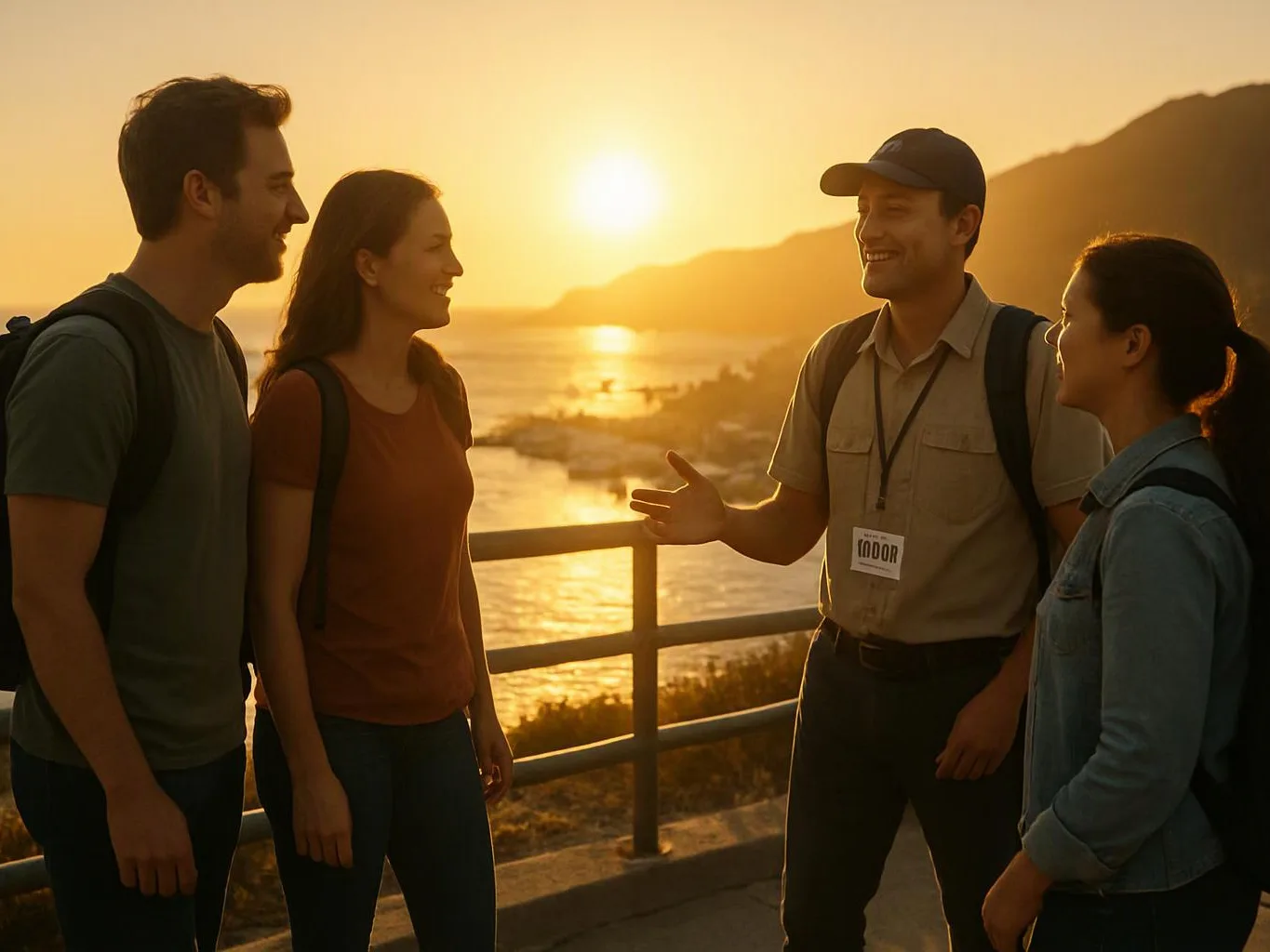 Four backpackers chat with a guide at sunset beside a coastal overlook