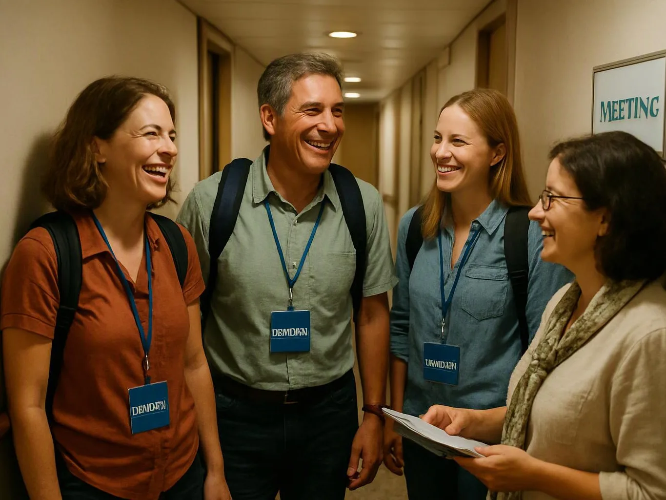 Four coworkers with lanyards laugh together in a narrow hallway while one holds a stack of papers