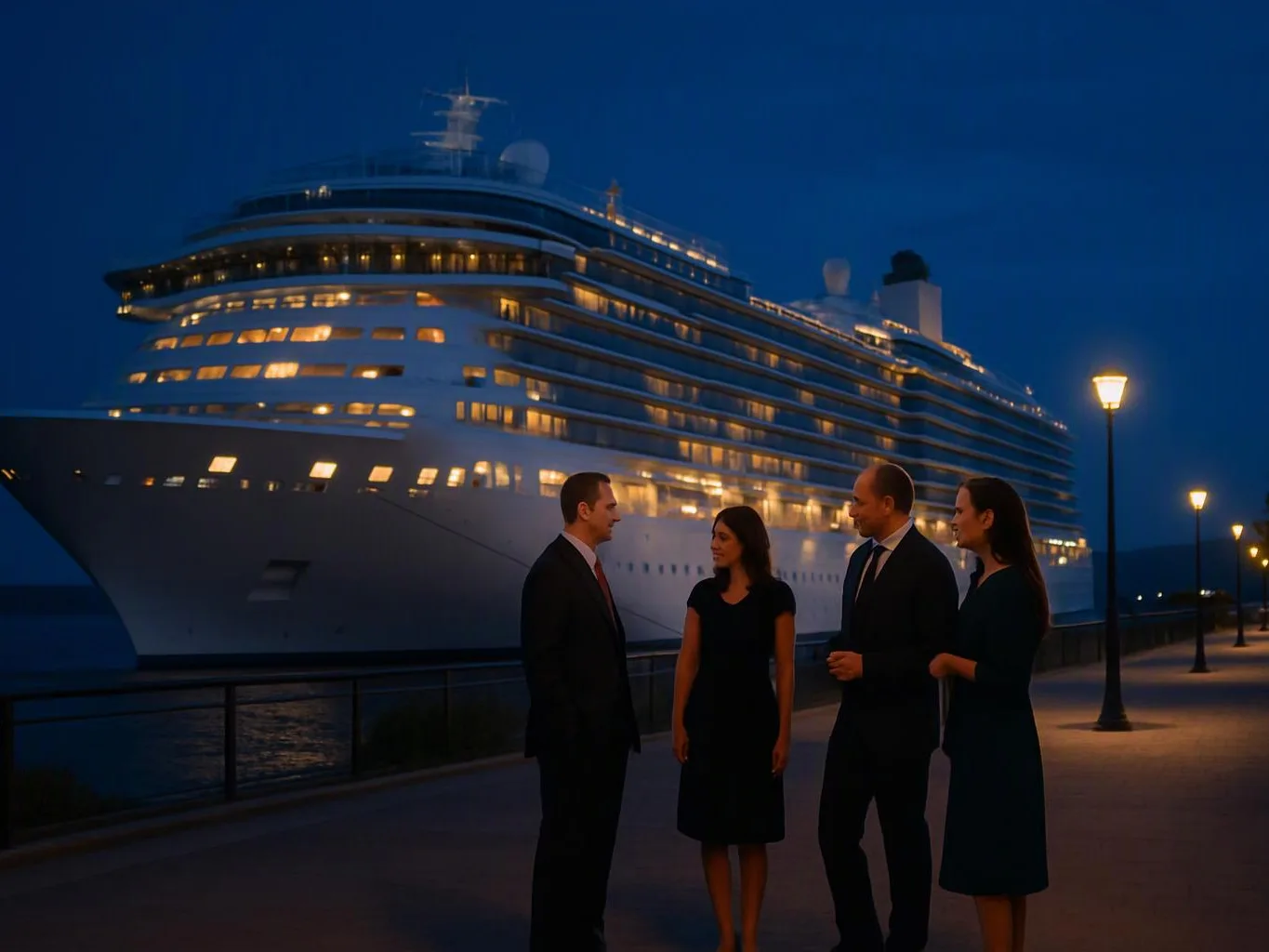 Four people in dark formal clothes talk on a waterfront promenade beside a brightly lit cruise ship at dusk