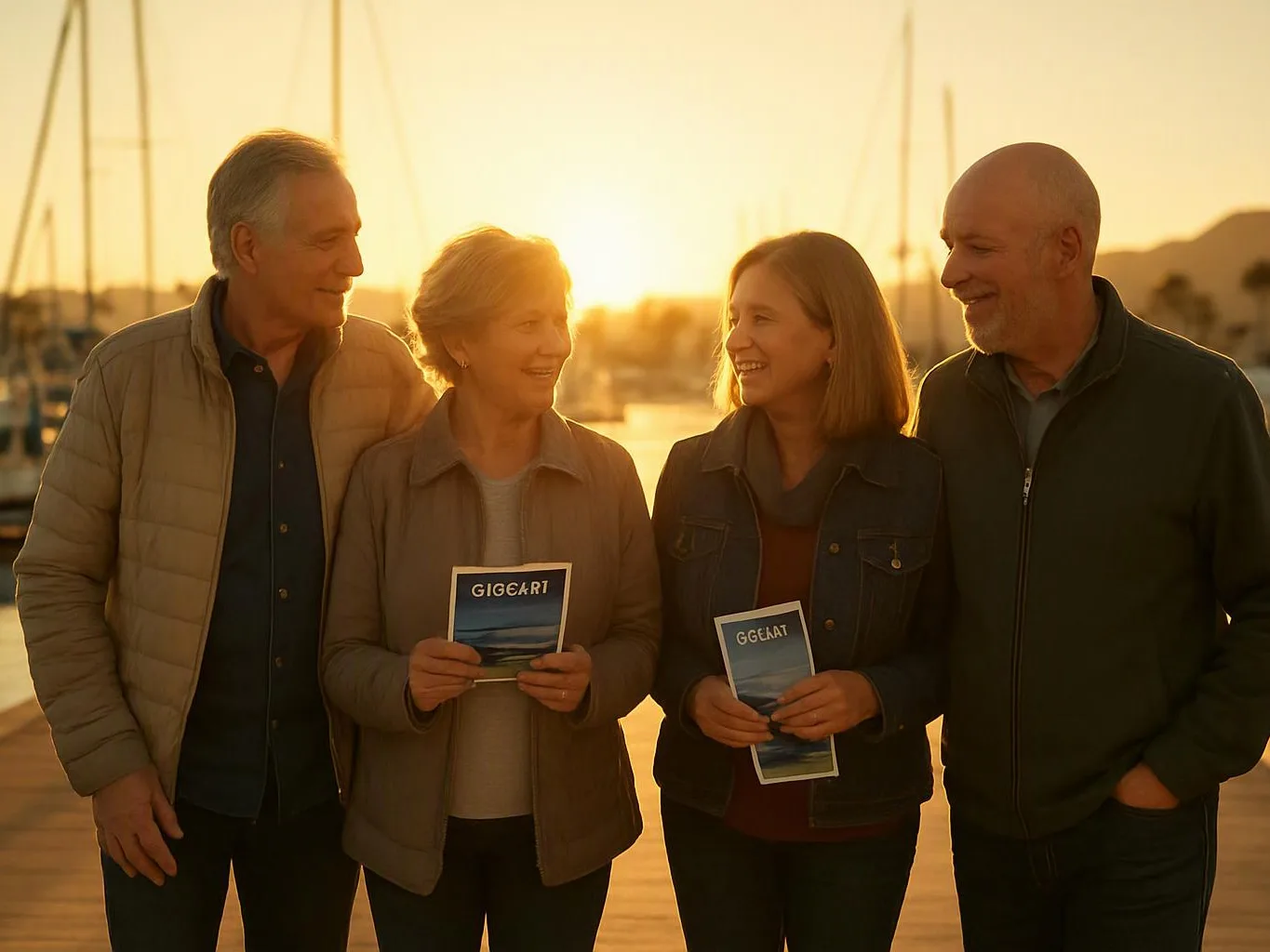 Four smiling adults stand on a marina dock at sunset, holding small cards with unreadable text