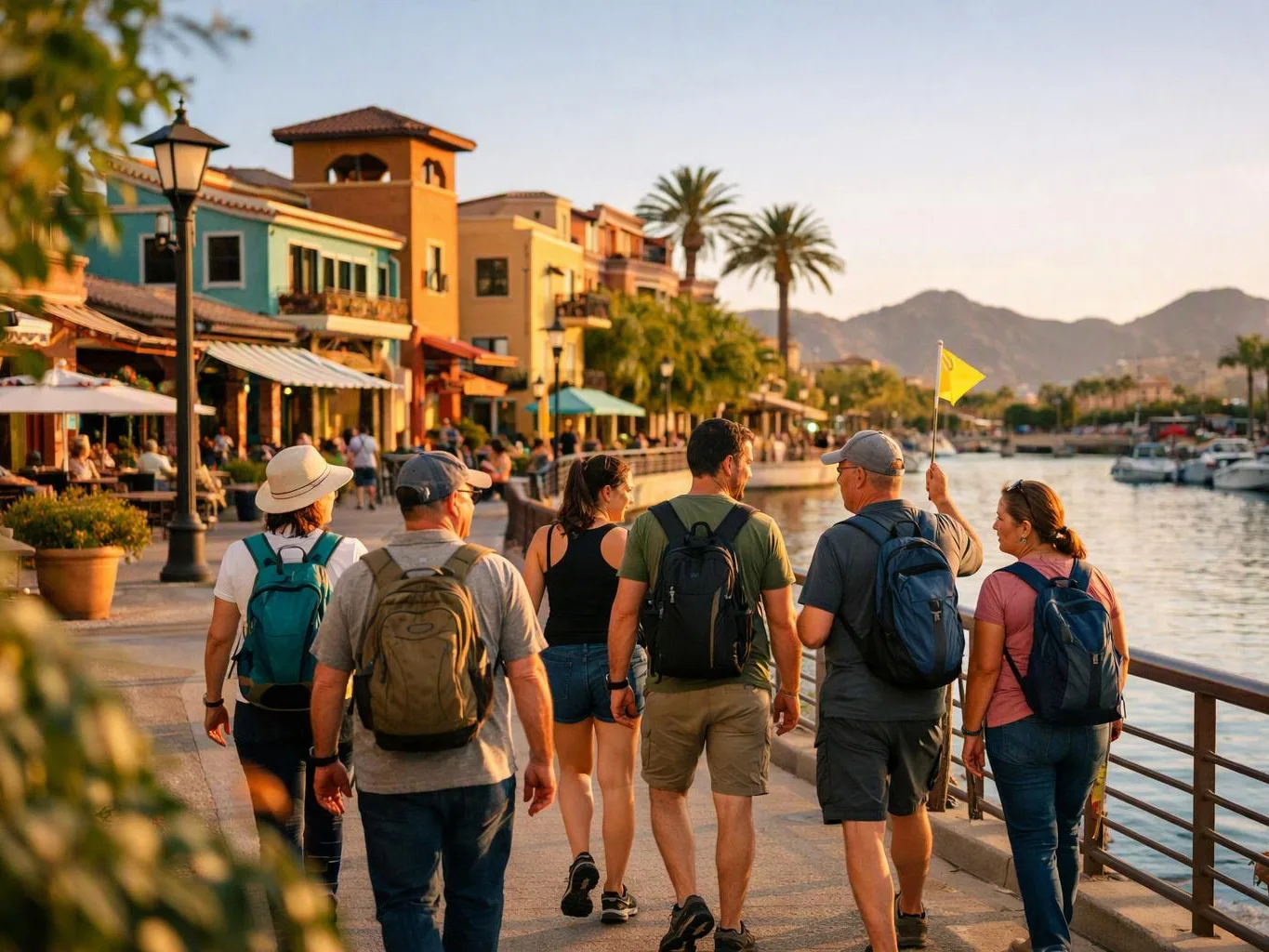 A group of backpacked walkers strolls along a sunny waterfront promenade past colorful buildings and palm trees