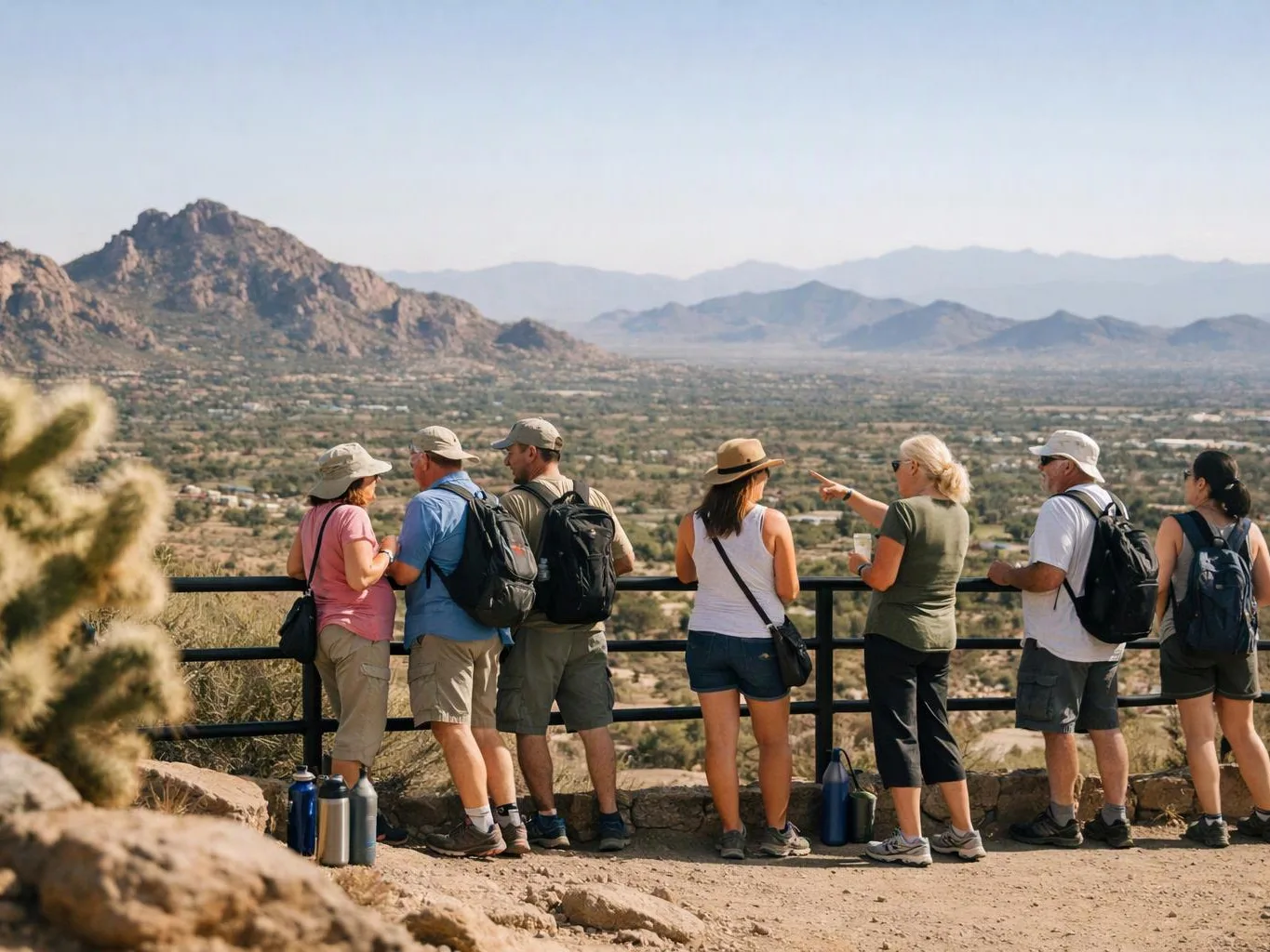 A group of hikers stands at a lookout, pointing over a desert valley toward distant mountains