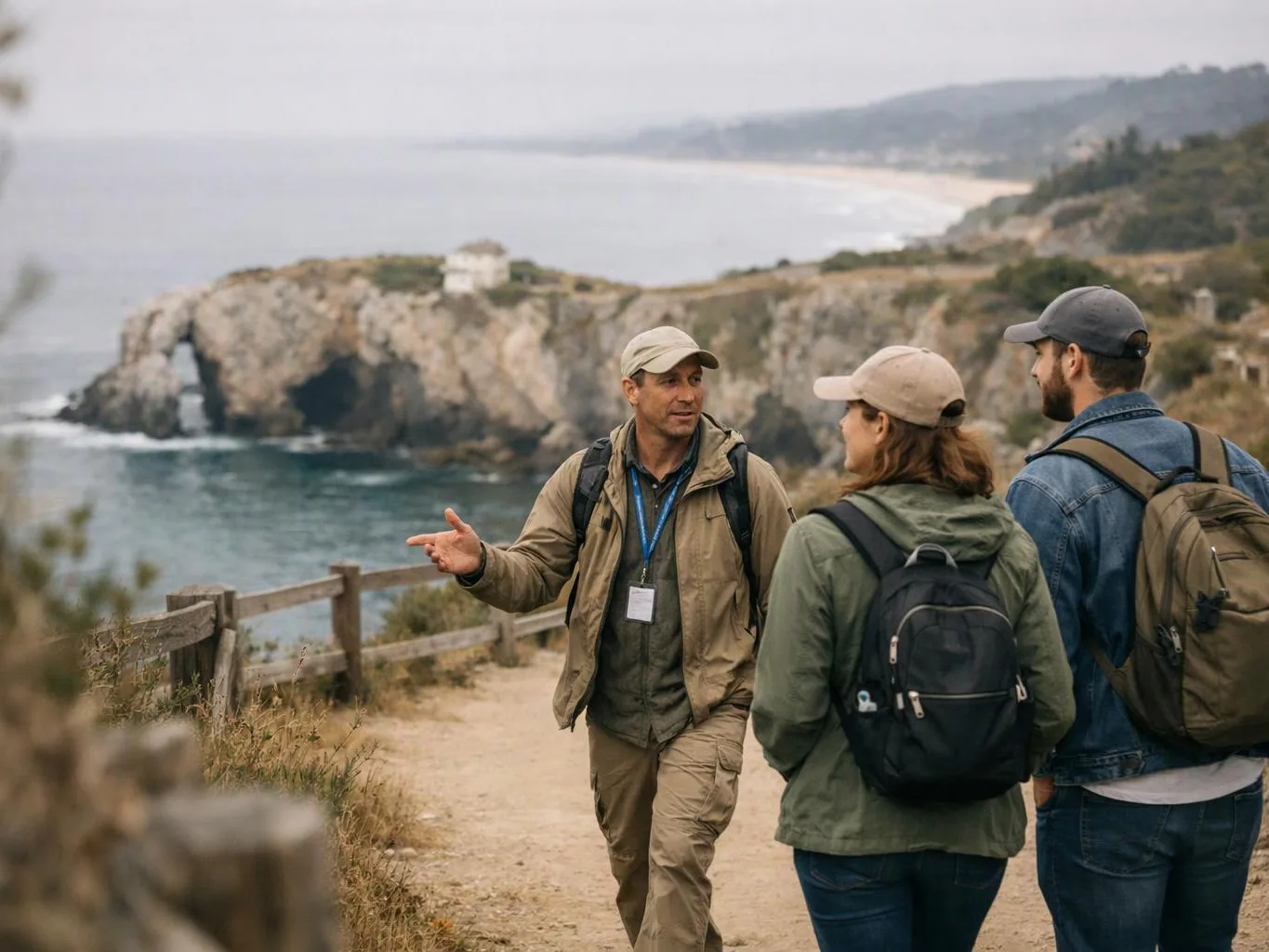 A guide in a cap talks to two backpacked visitors on a coastal cliff trail above the sea