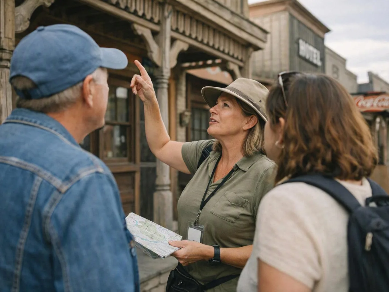 A guide in a hat points upward while holding a map and speaking to two visitors on a wooden streetfront