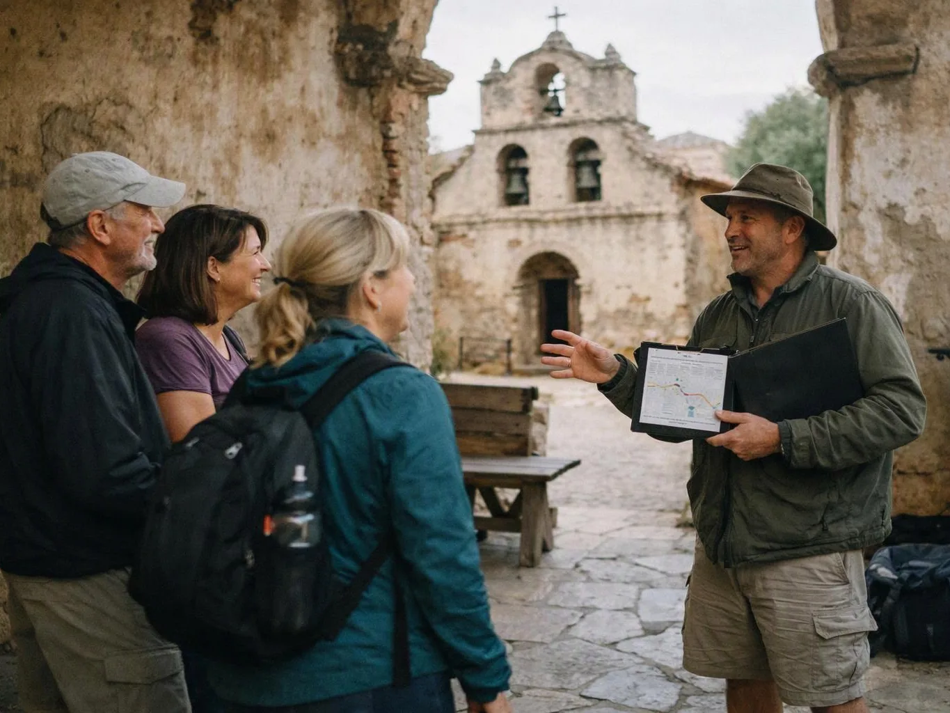 A guide in a hat speaks to three hikers in front of an old stone church ruin