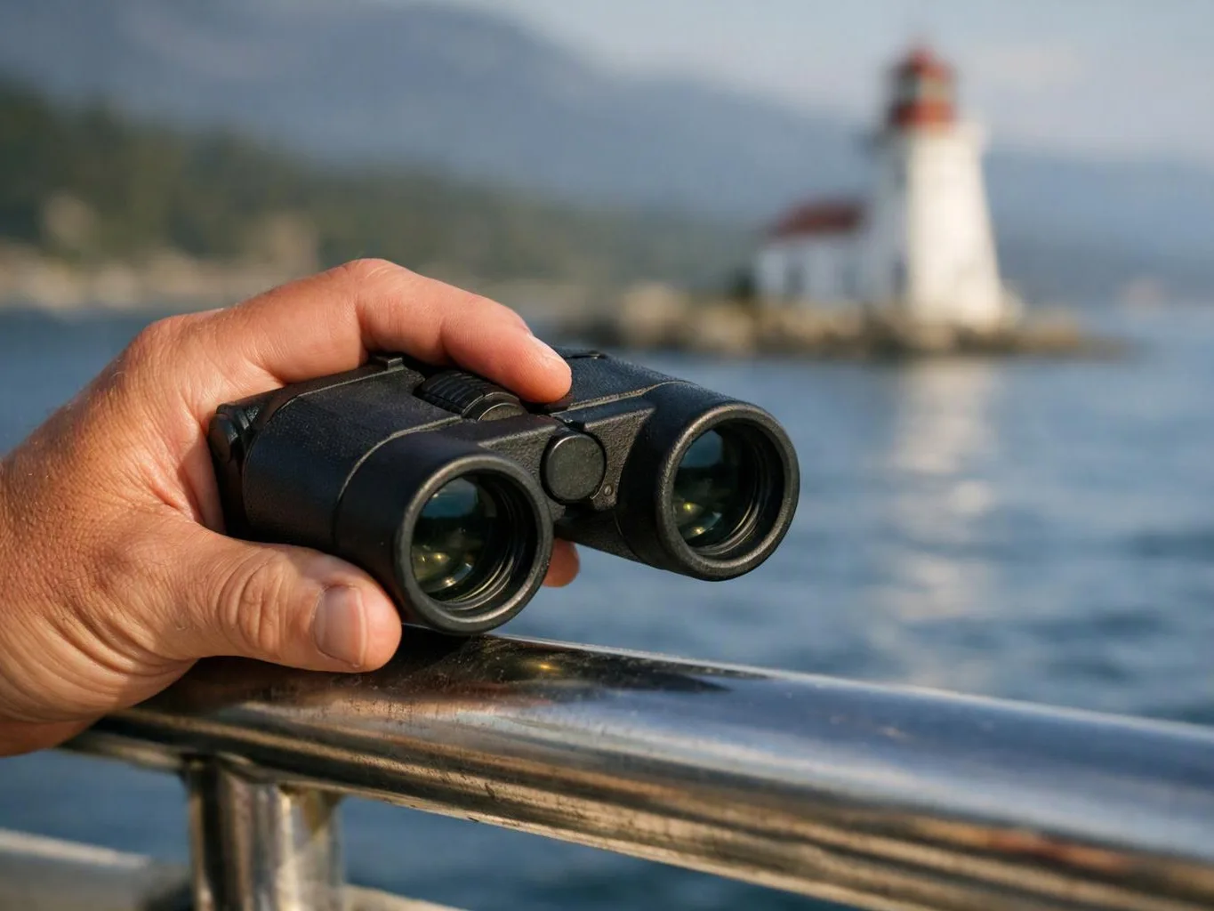 A hand holds binoculars against a boat rail, with a lighthouse blurred across the water