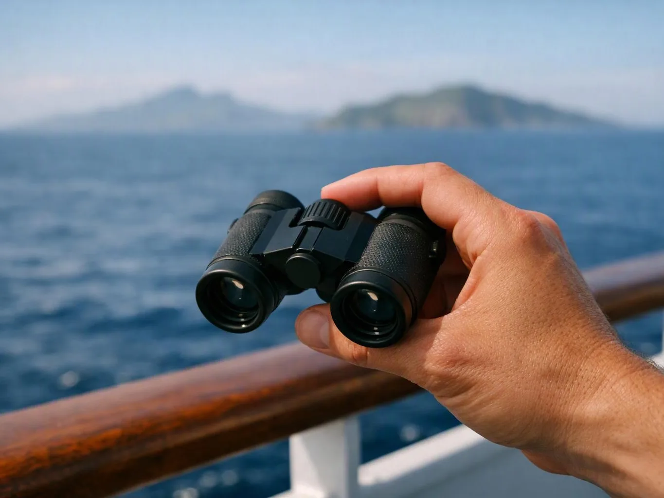 A hand holds black binoculars above a boat railing, with blue water and distant islands behind it