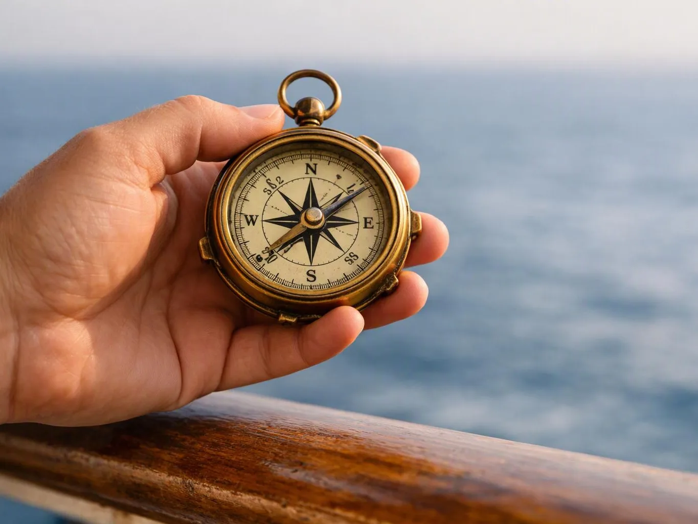 A hand holds a brass compass over a wooden railing with calm water behind it