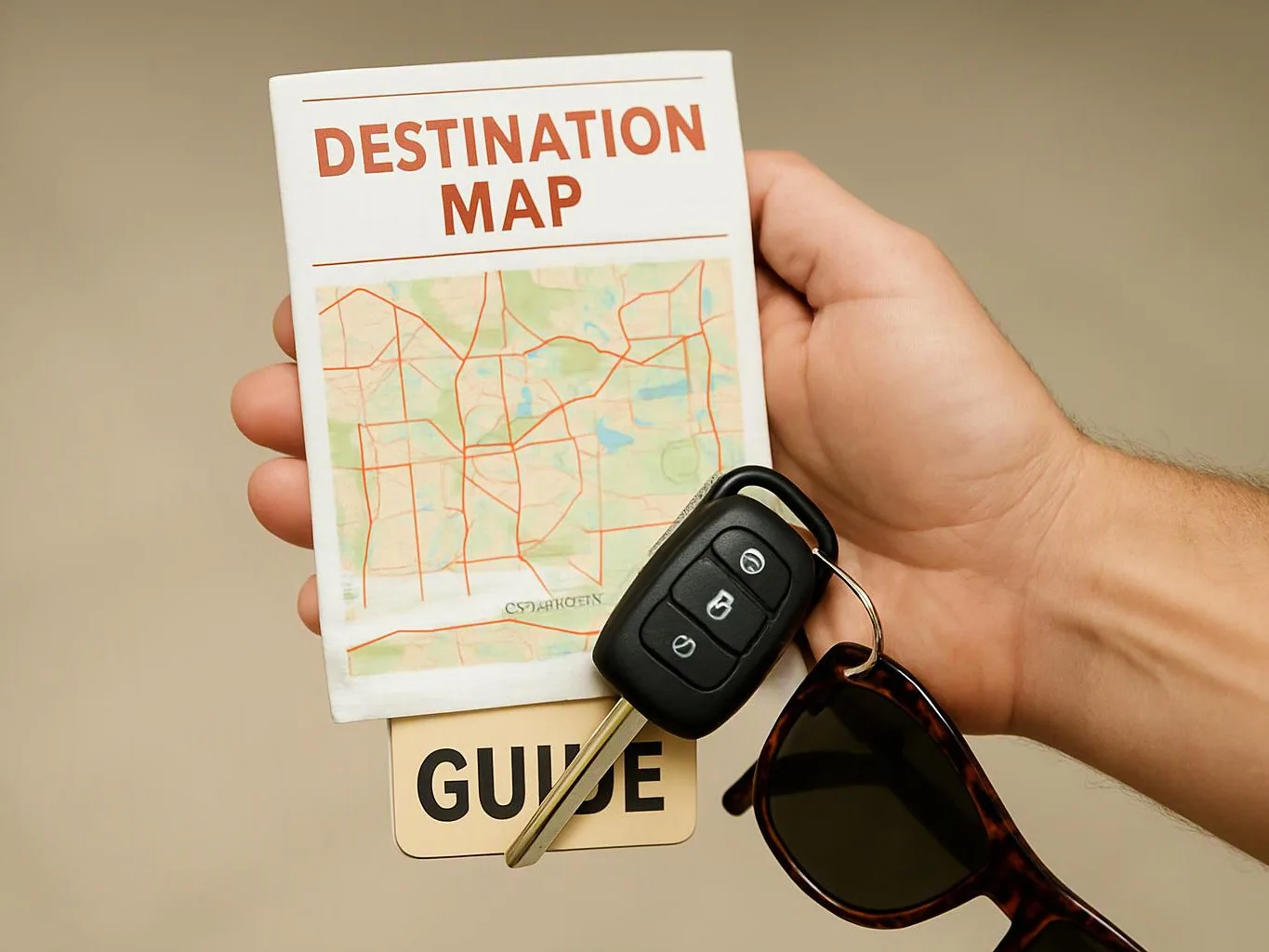 A hand holds a destination map guide, car key, and sunglasses against a plain beige background