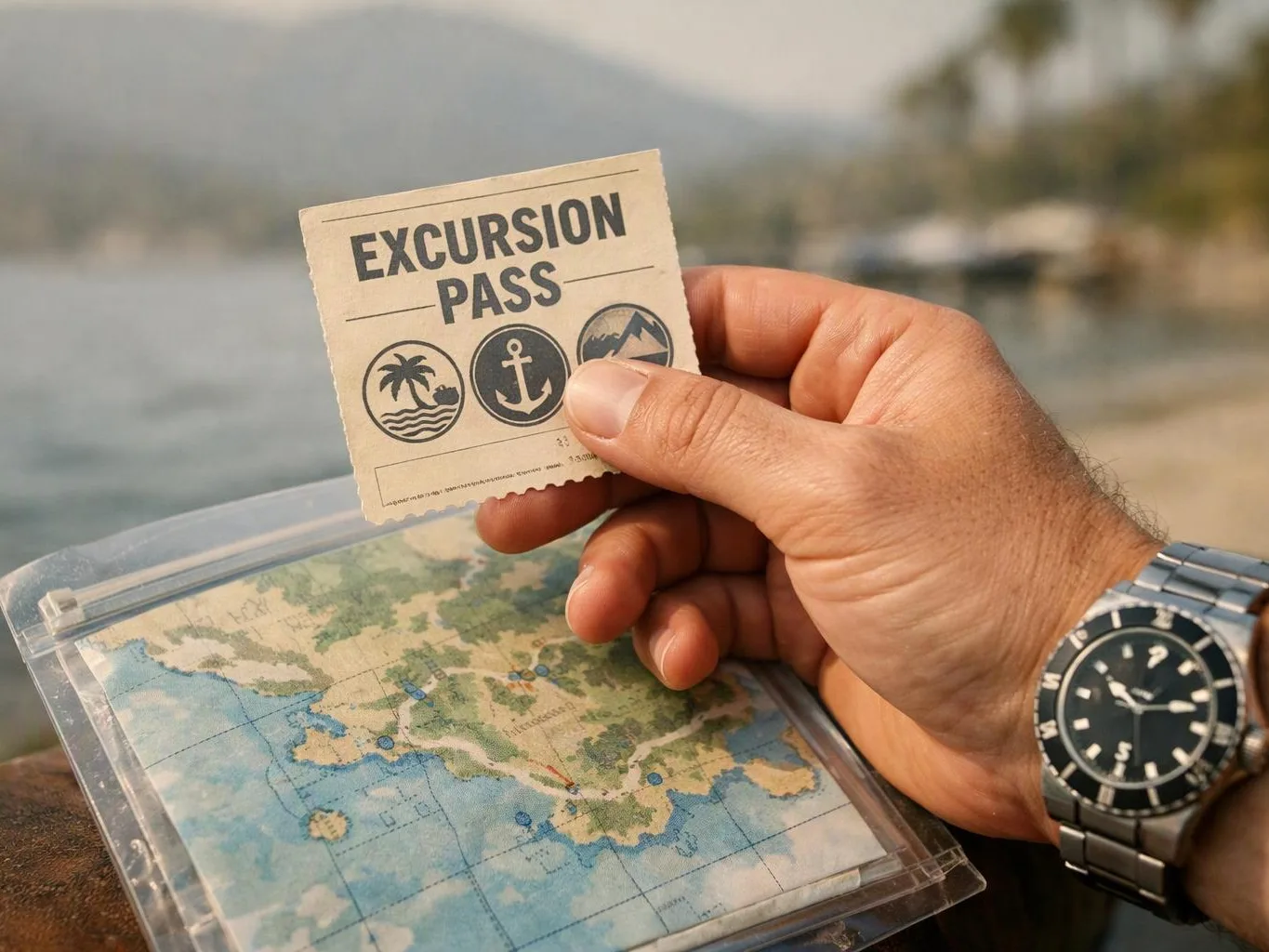 A hand holds an “EXCURSION PASS” card over a map beside a calm shoreline