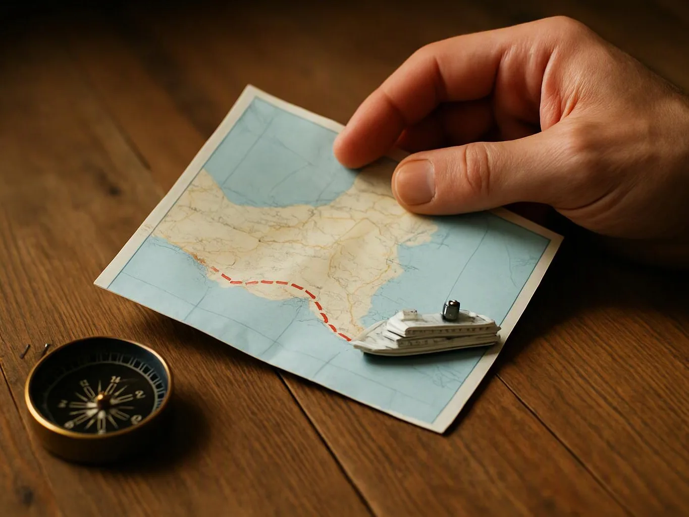 A hand holds a map with a red route, beside a small ship model and a compass on a wooden table