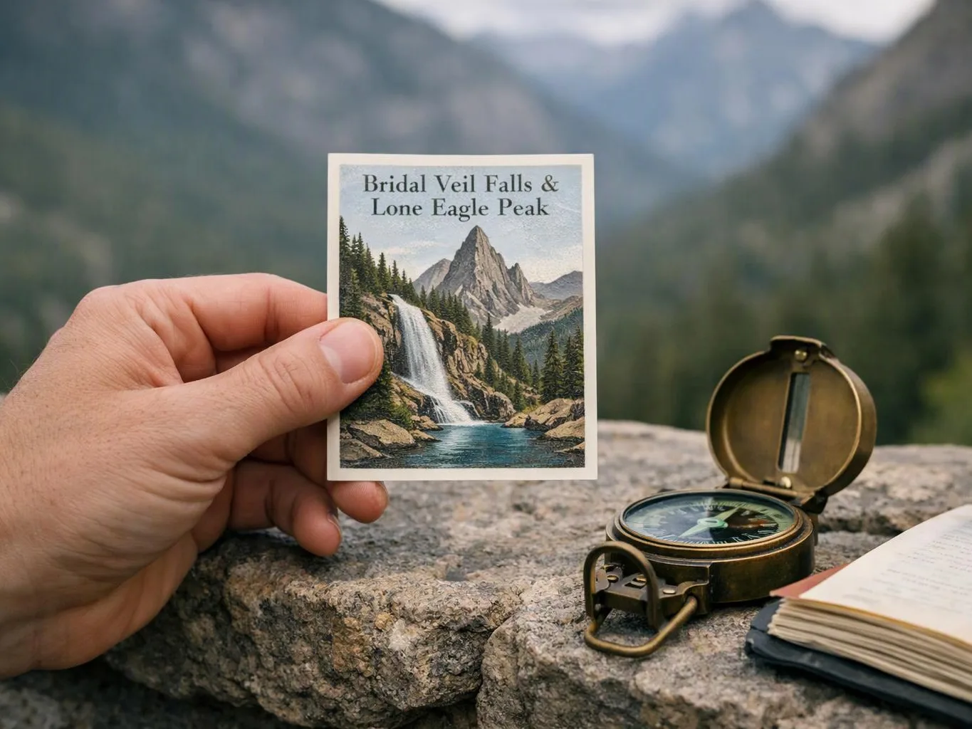 A hand holds a mountain postcard beside a compass and open book on a rocky overlook