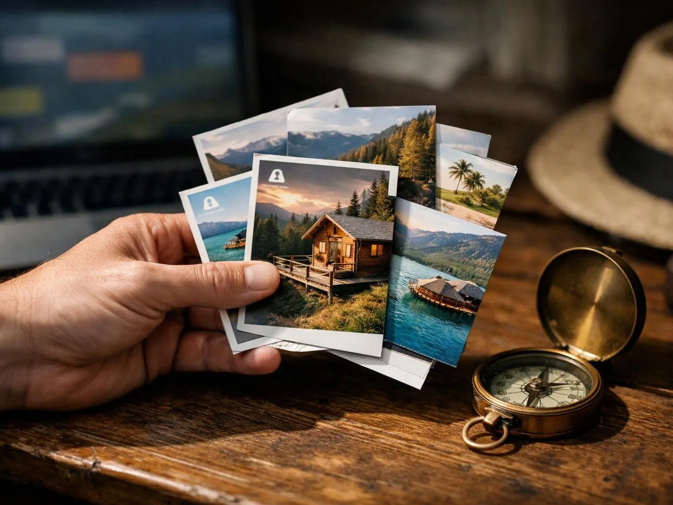 A hand holds several travel photos beside an open compass on a wooden table