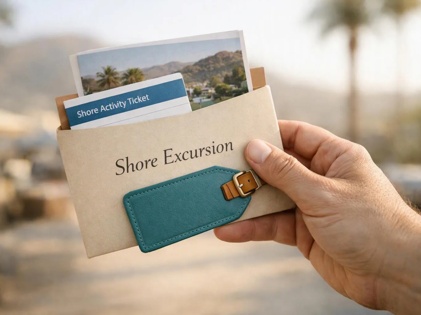 A hand holds a Shore Excursion envelope with a ticket and postcard against a blurred beach backdrop