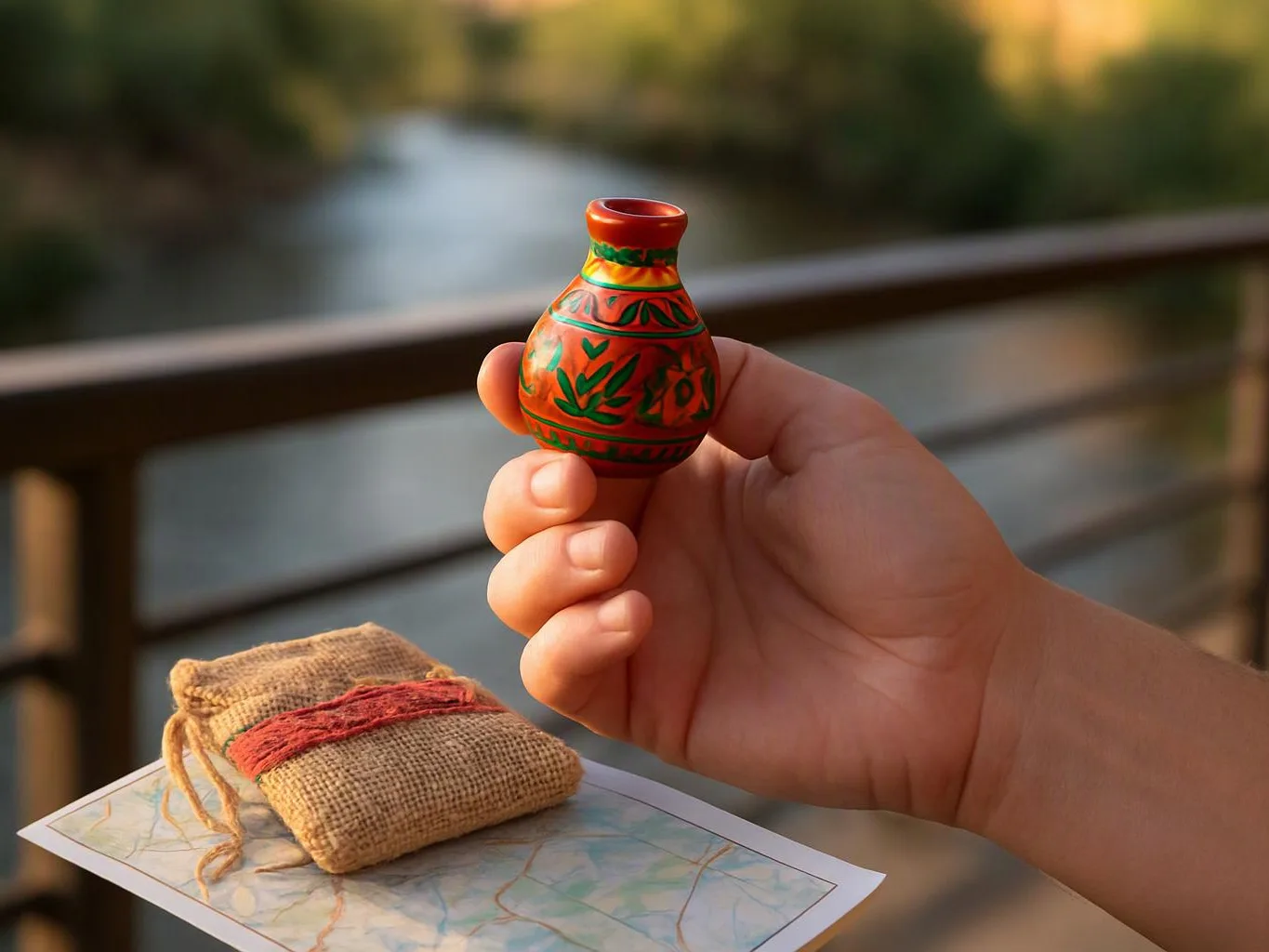 A hand holds a small painted clay vase above a burlap pouch and map near a railing by water