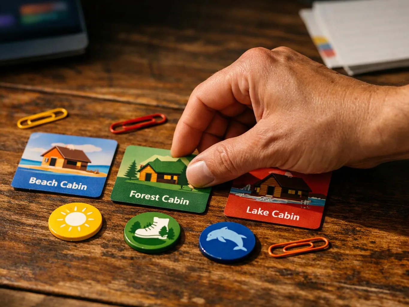 A hand picks up the green Forest Cabin card on a wooden table with other cabin cards and tokens