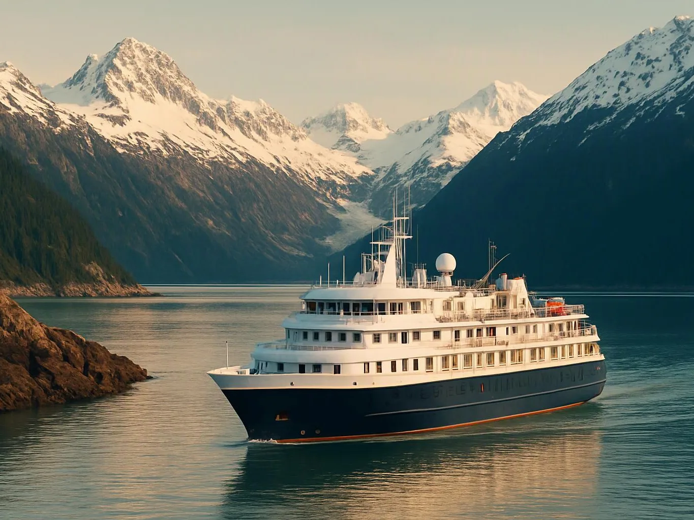 A large white cruise ship glides through a calm fjord with snow-covered mountains rising behind it