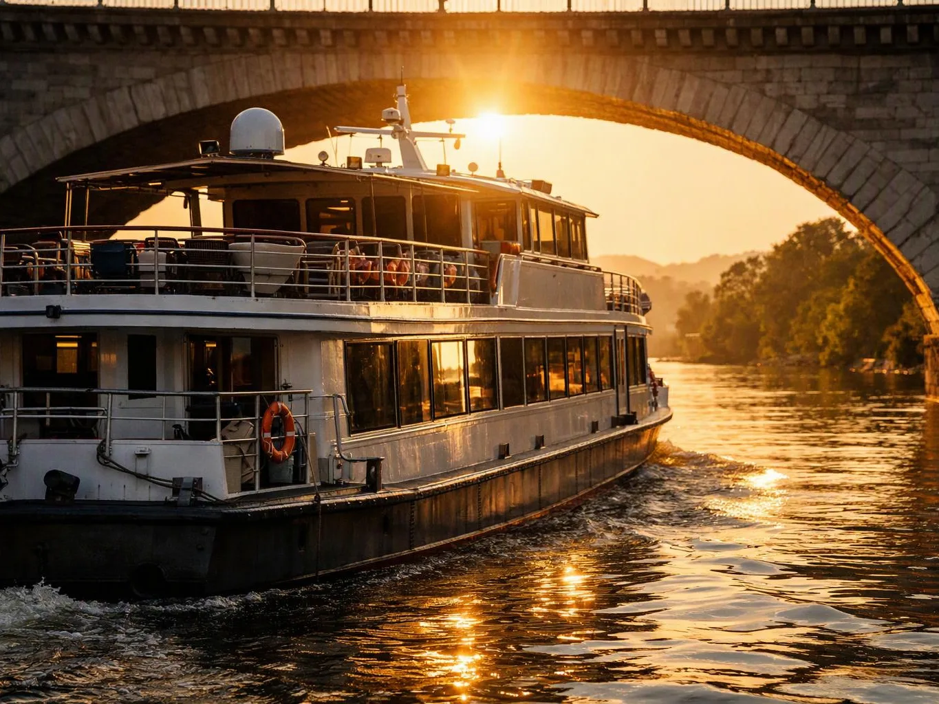 A white passenger boat glides under a stone bridge on a golden river at sunset