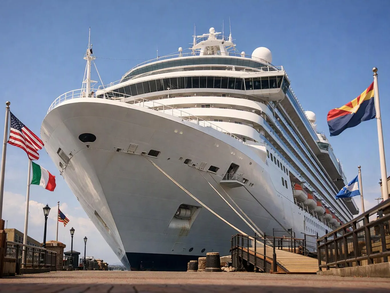 A huge white cruise ship is docked beside a pier with flags and a wooden gangway under a clear blue sky