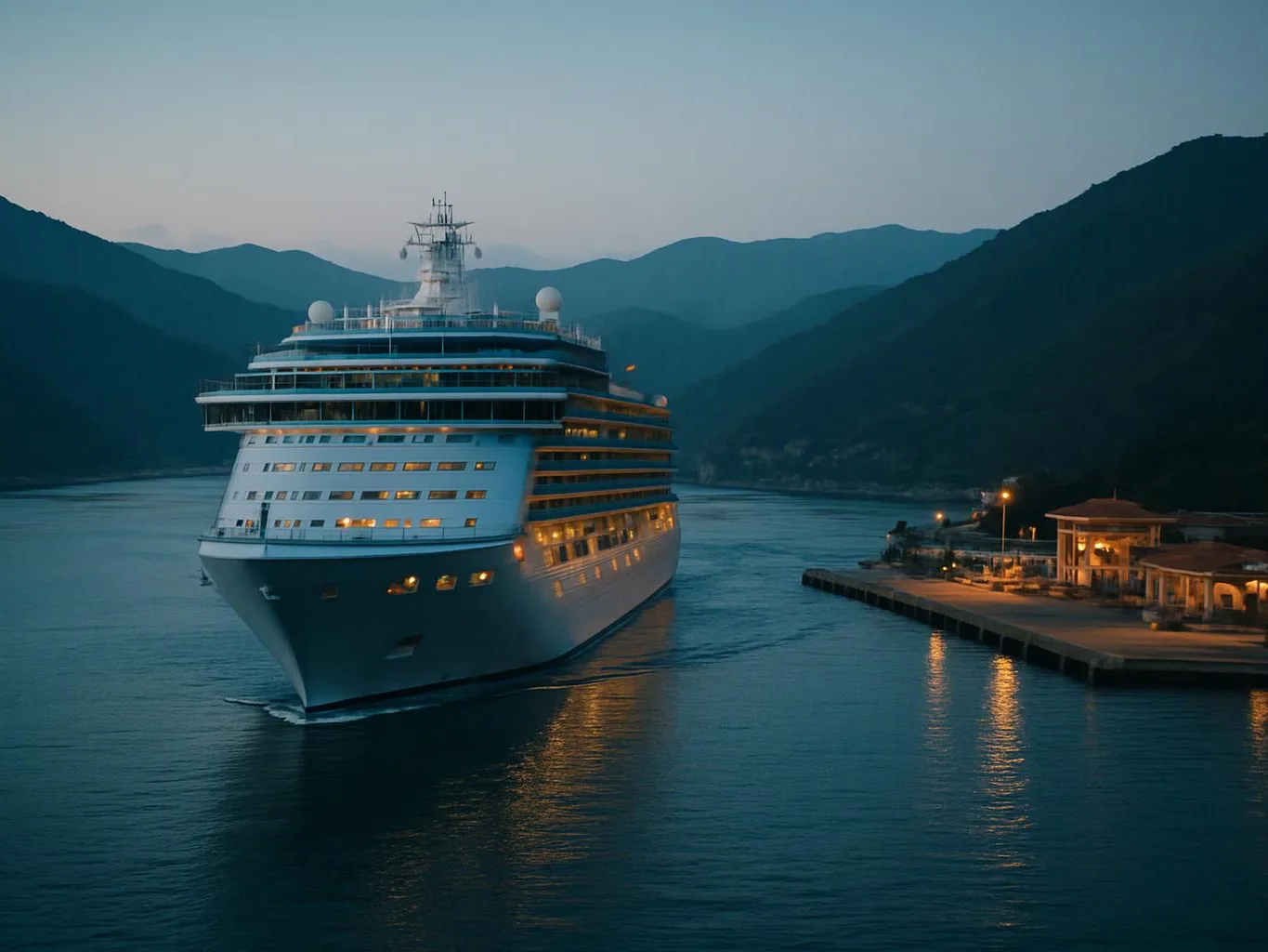 A large cruise ship glides through calm water beside a lit dock, with dark mountains behind at dusk