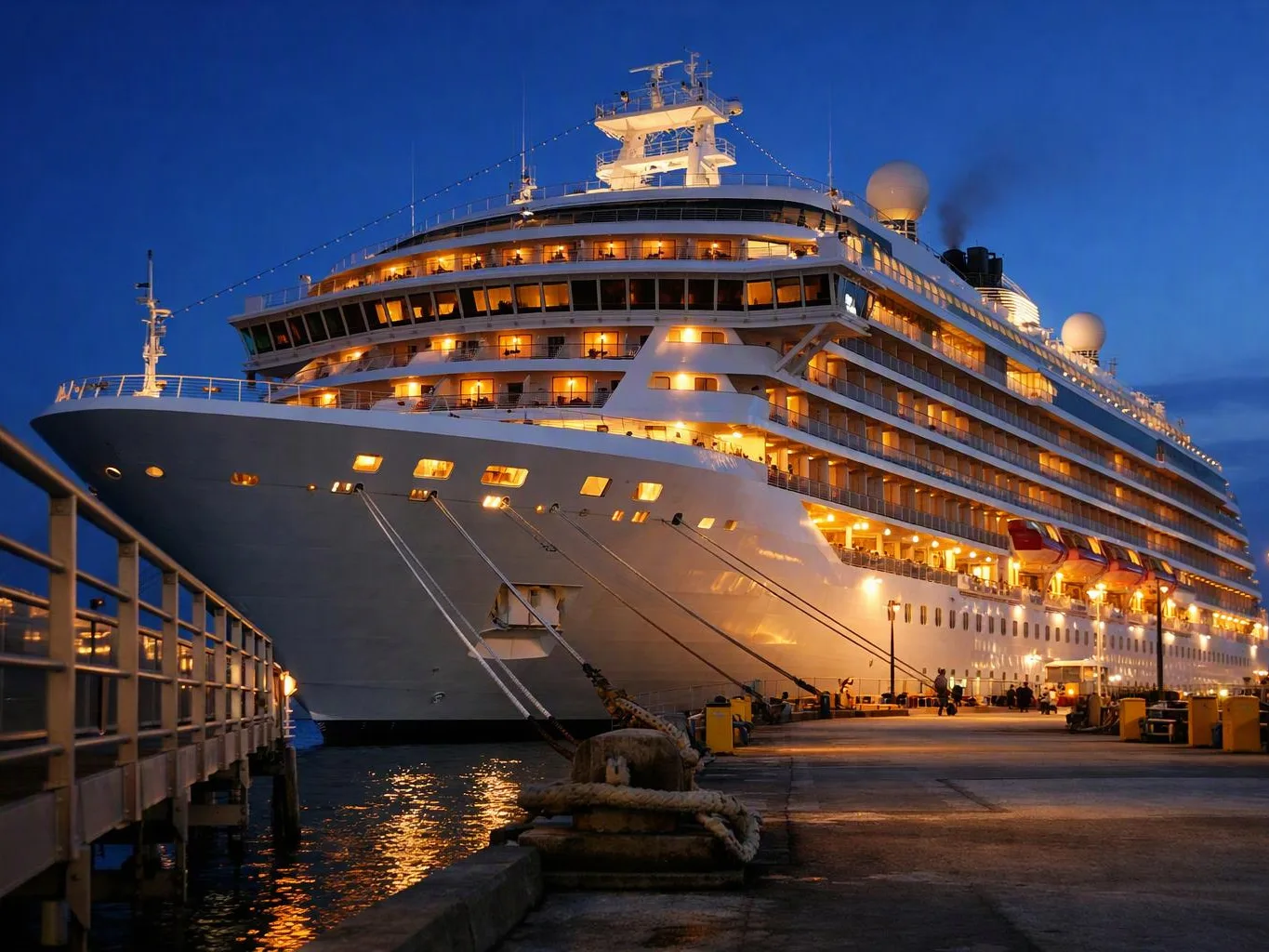 A large cruise ship glows with deck lights while docked beside a pier at dusk