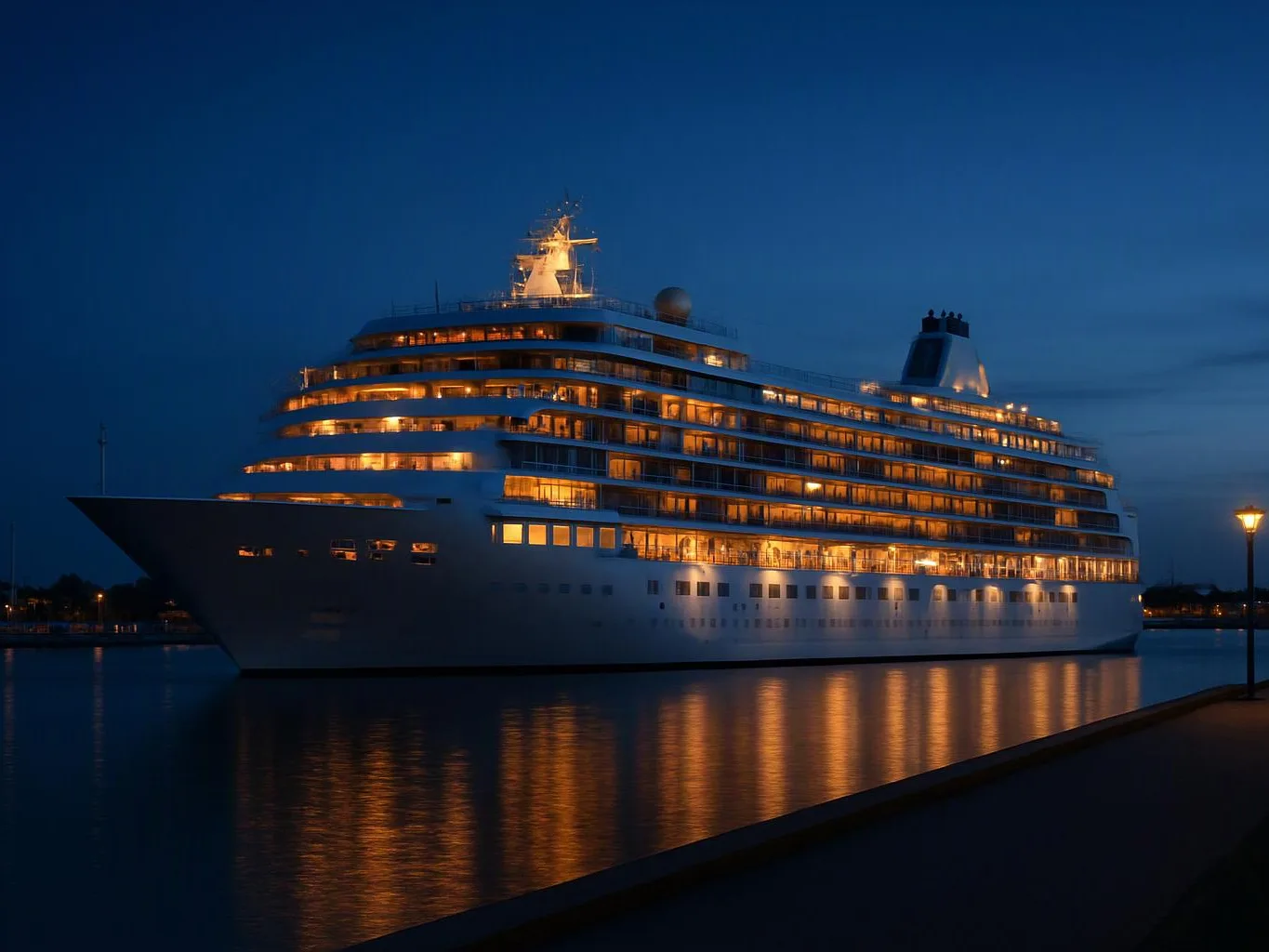 A large cruise ship glows at dusk, floating on calm water beside a dark waterfront path