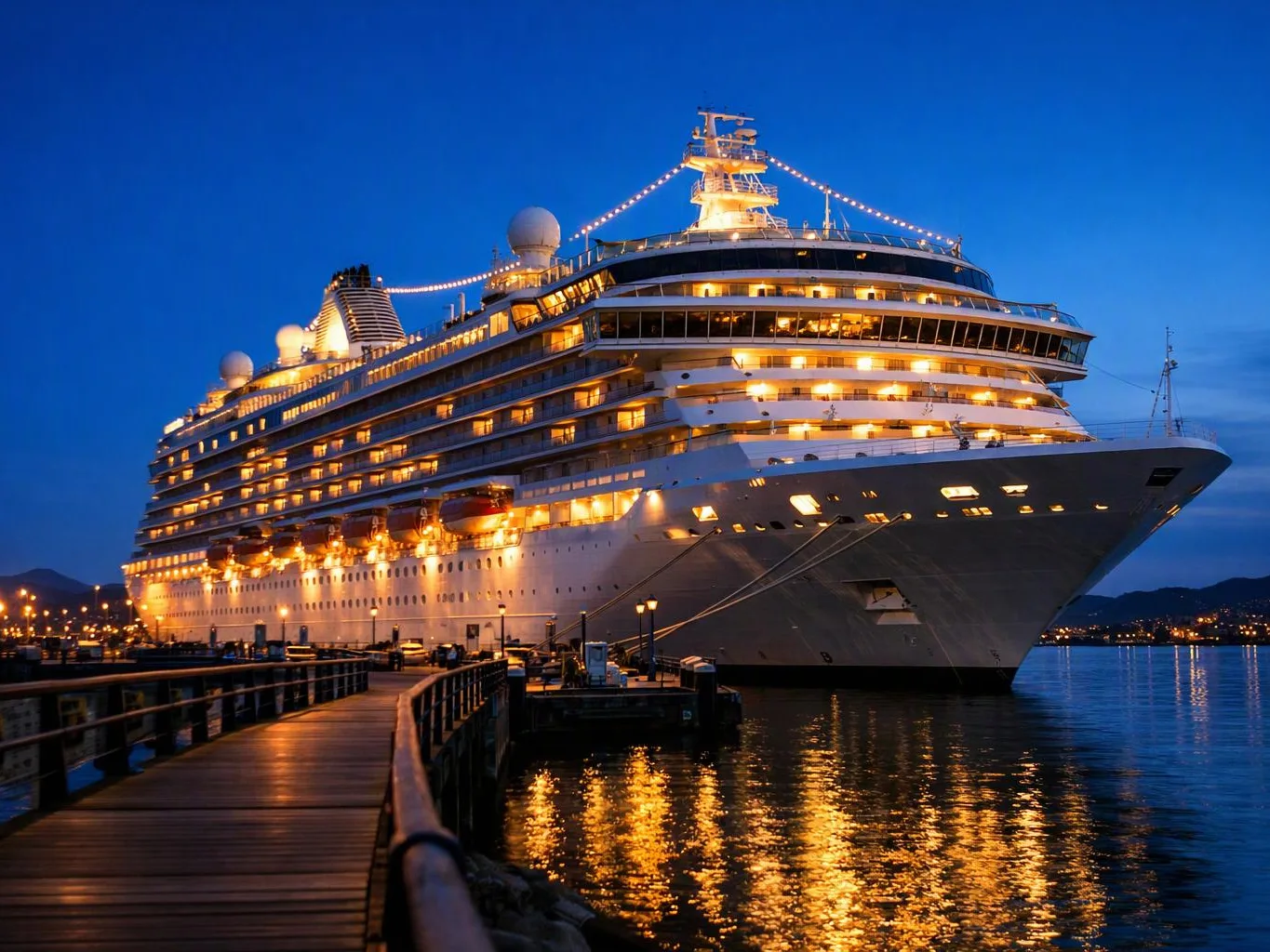 A large cruise ship glows with lights at a dock beside calm water at dusk