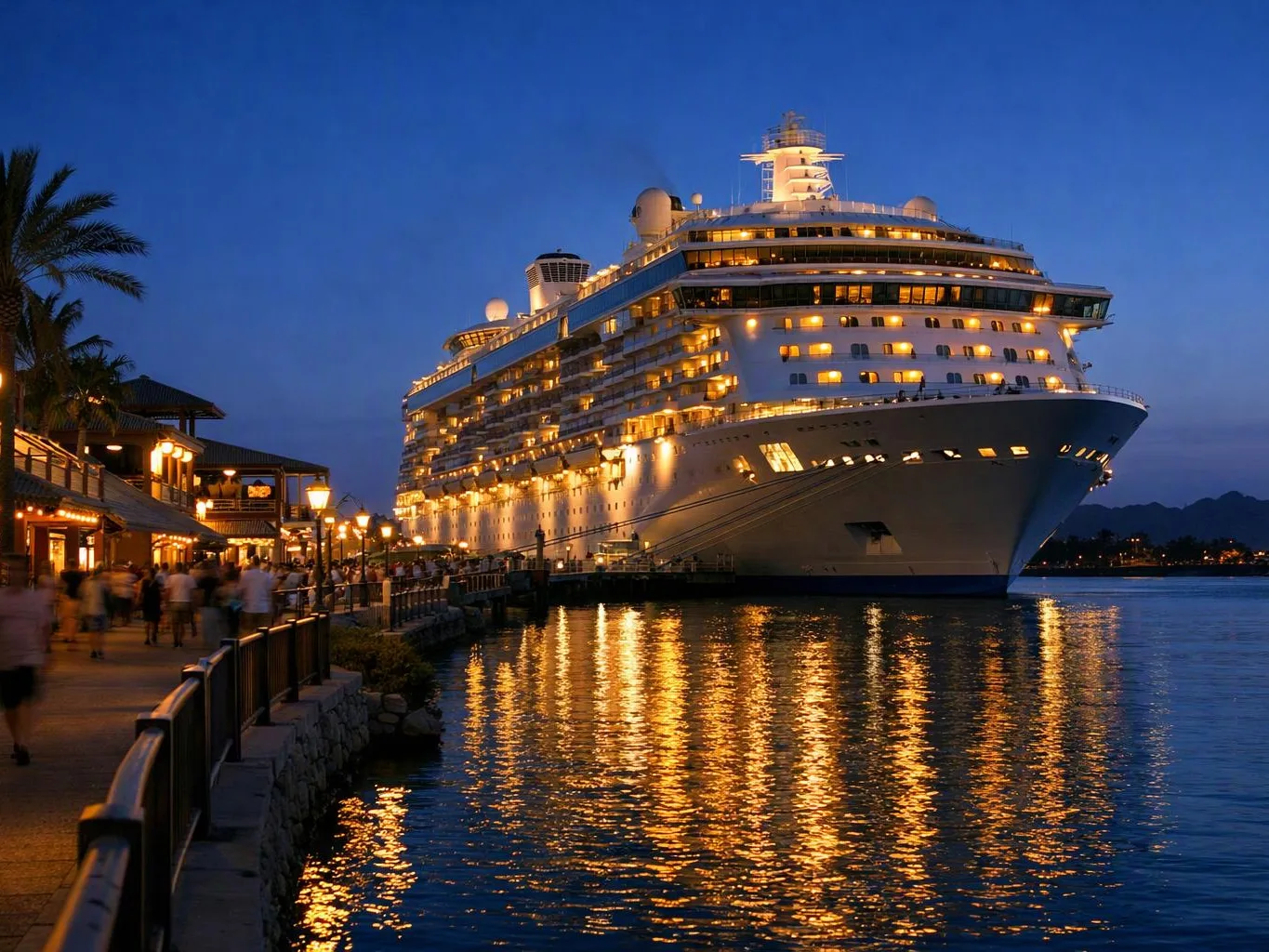 A large lit cruise ship docks beside a waterfront promenade at dusk