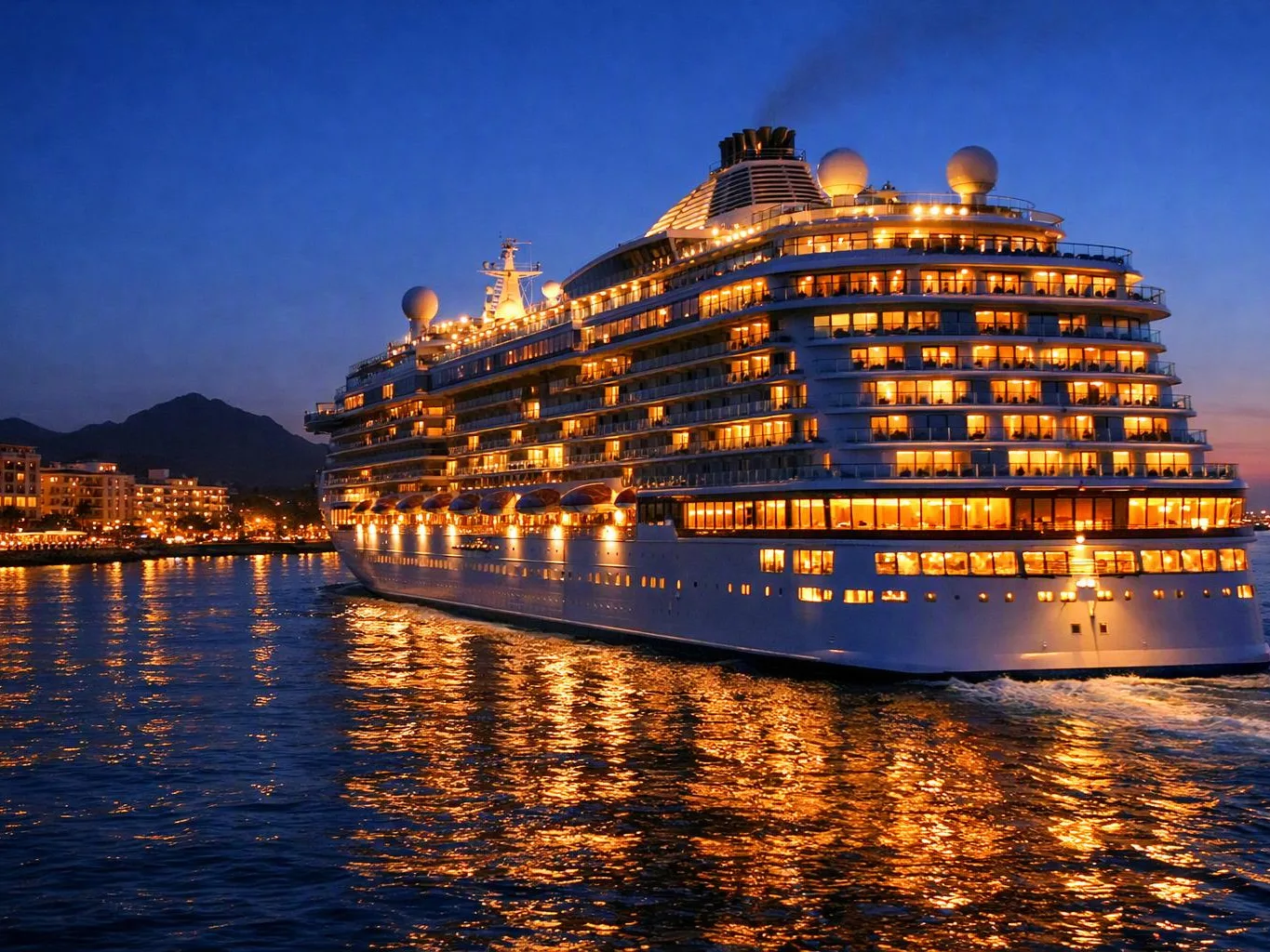 A large lit cruise ship glides across calm water at dusk beside a dark mountain coastline
